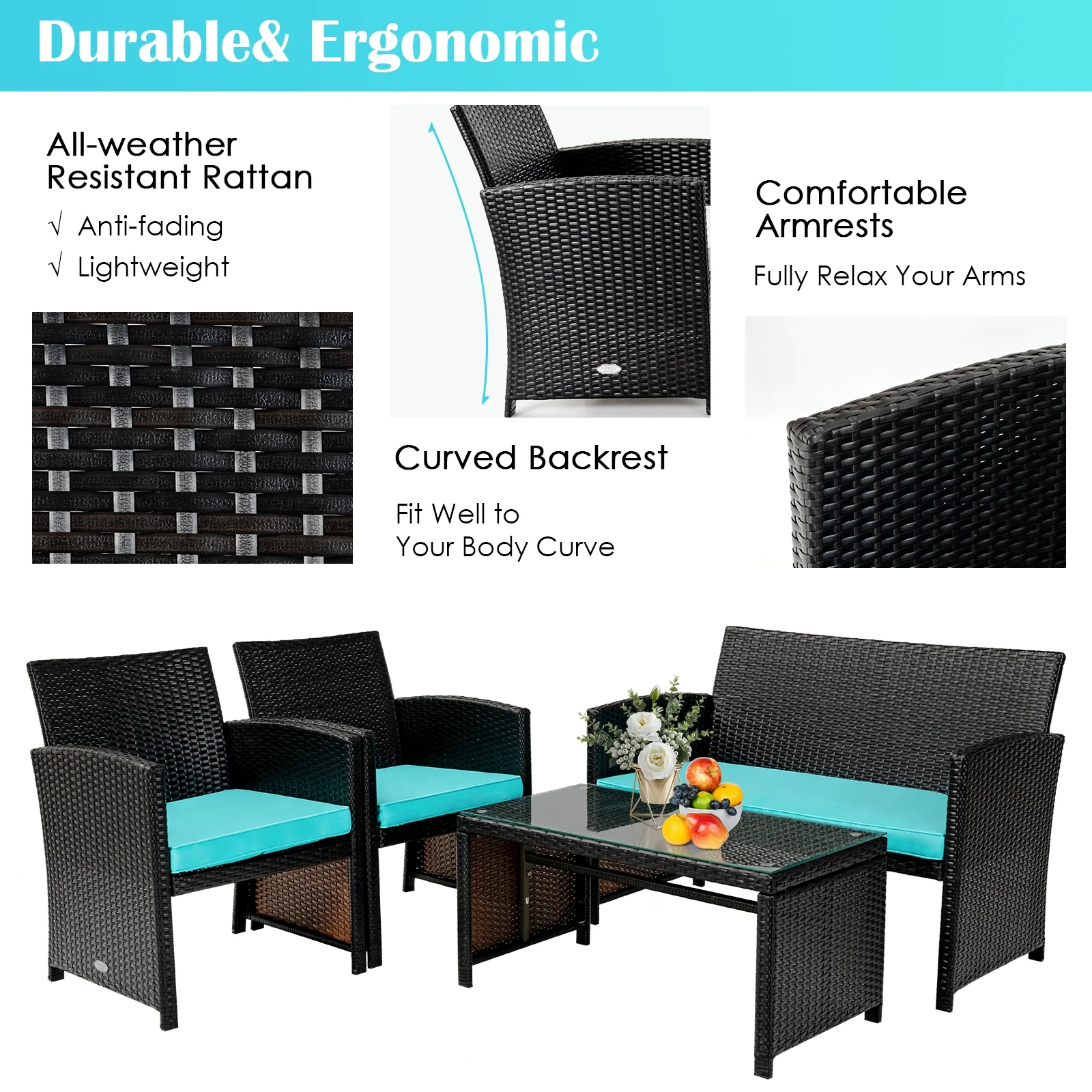 4 Piece Patio Rattan Cushioned Furniture Set, Turquoise - Image 6