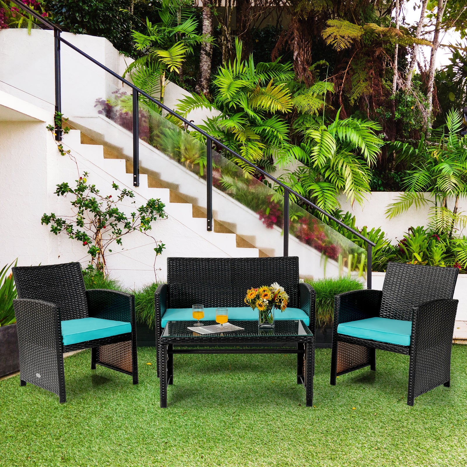 4 Piece Patio Rattan Cushioned Furniture Set, Turquoise - Image 7