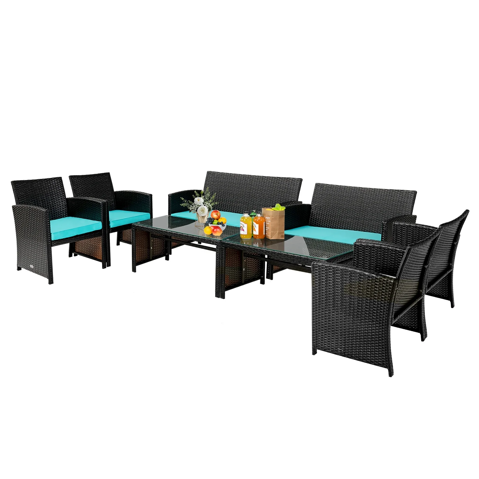 4 Piece Patio Rattan Cushioned Furniture Set, Turquoise - Image 8