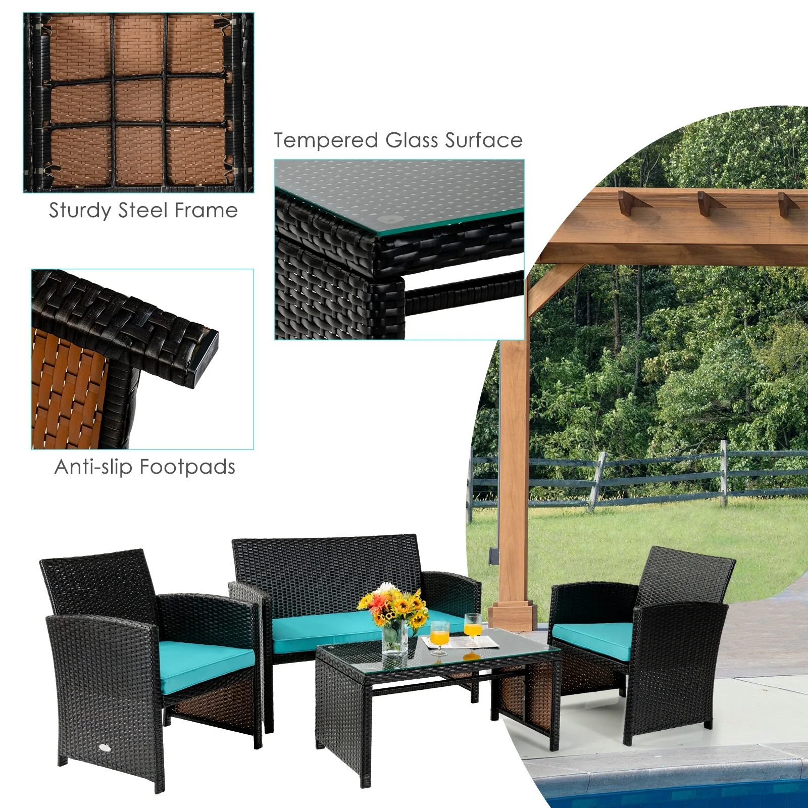 4 Piece Patio Rattan Cushioned Furniture Set, Turquoise - Image 9