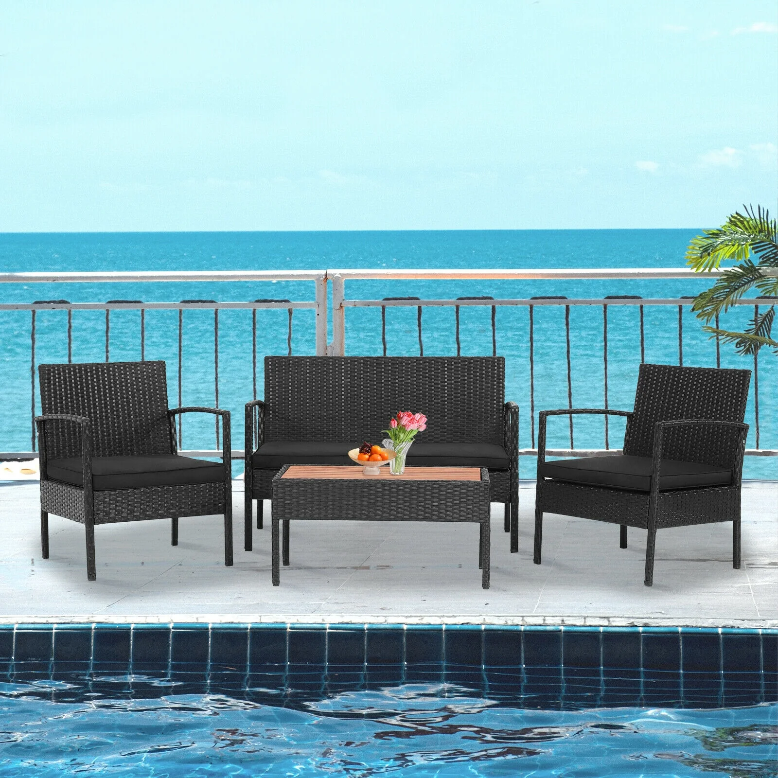4 Piece Patio Rattan Cushioned Furniture Set, Wooden Tabletop, Black - Image 2