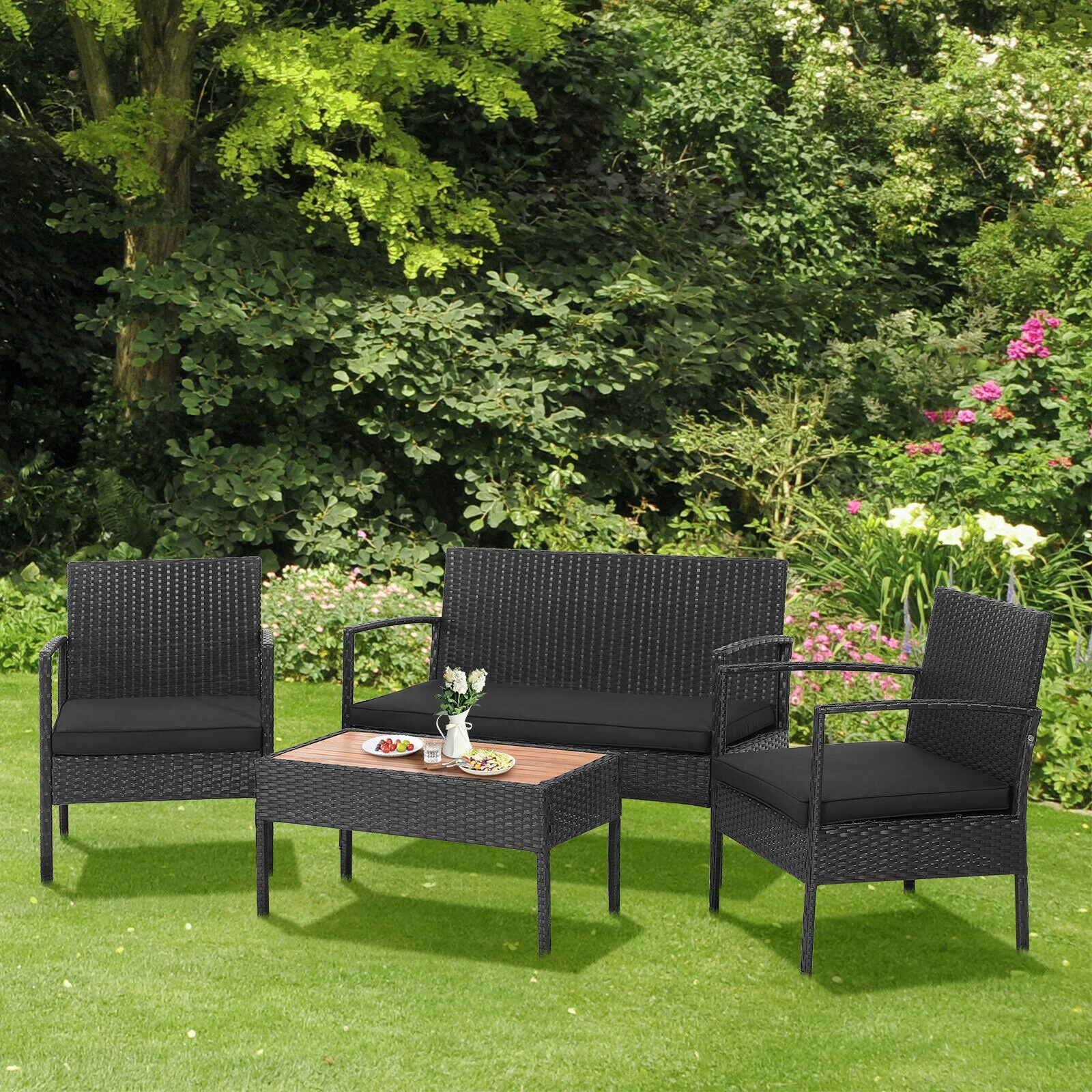 4 Piece Patio Rattan Cushioned Furniture Set, Wooden Tabletop, Black - Image 3