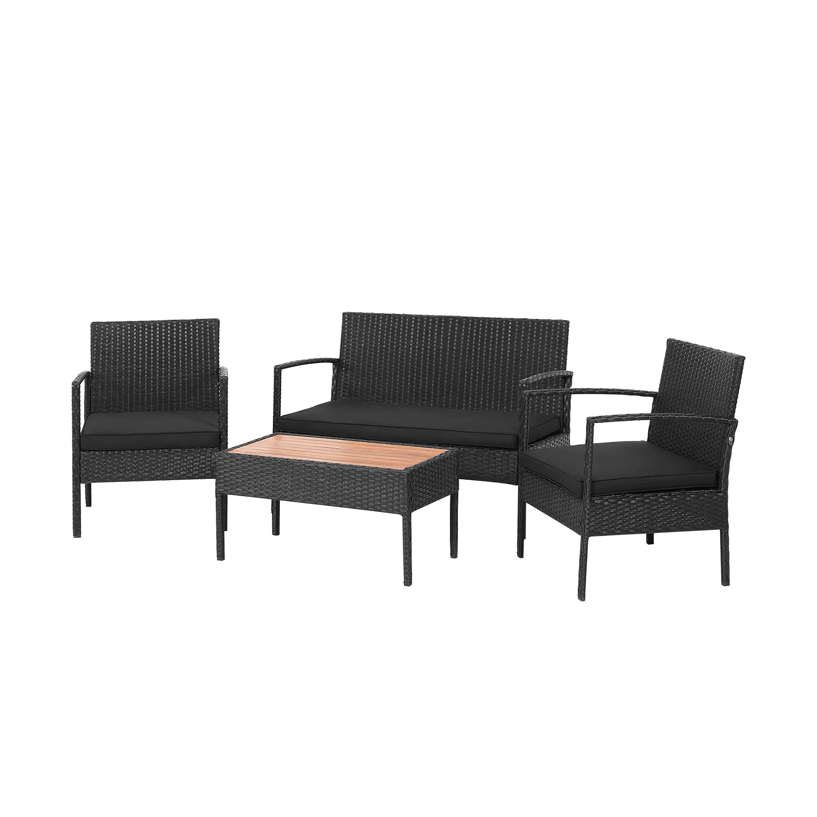 4 Piece Patio Rattan Cushioned Furniture Set, Wooden Tabletop, Black - Image 4