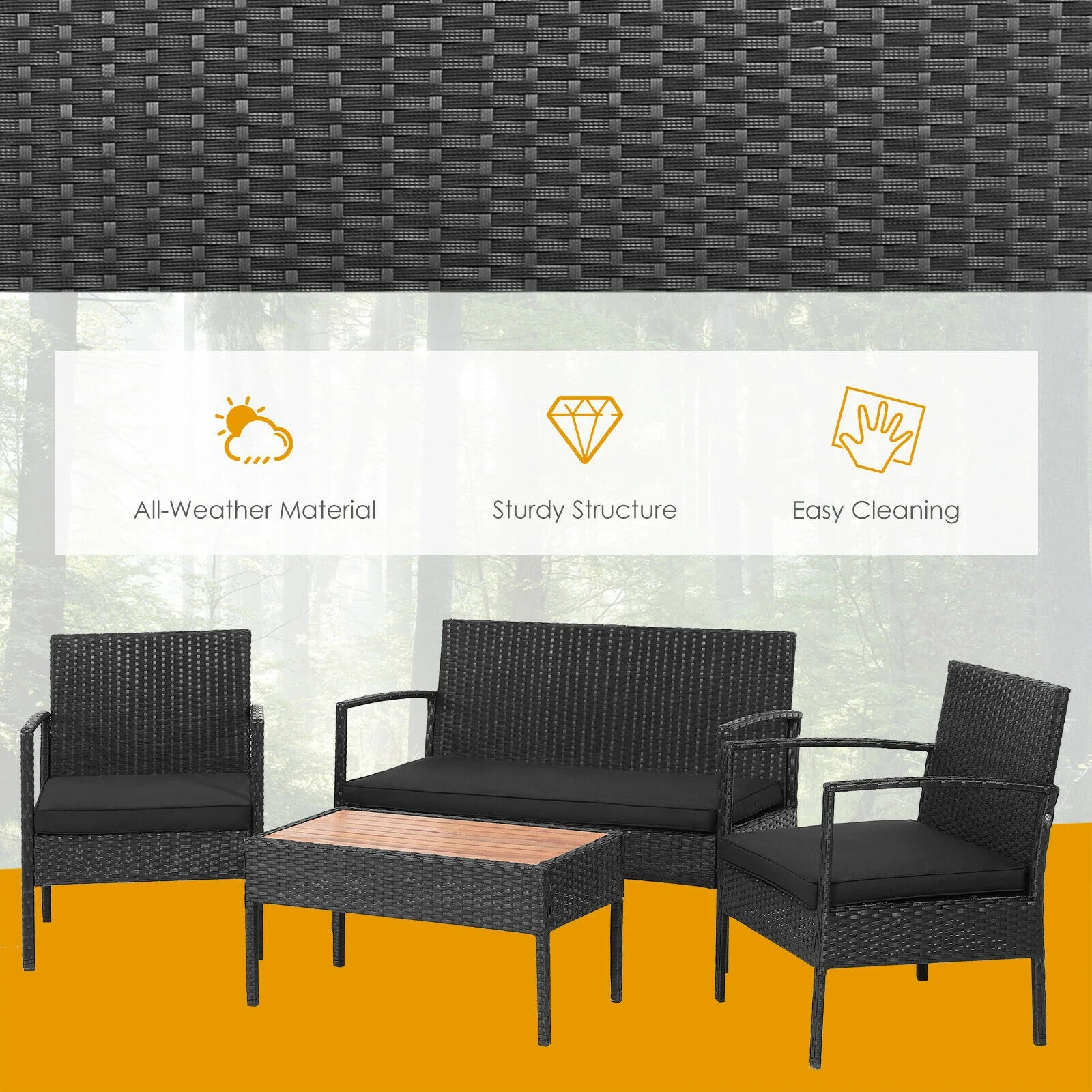 4 Piece Patio Rattan Cushioned Furniture Set, Wooden Tabletop, Black - Image 7