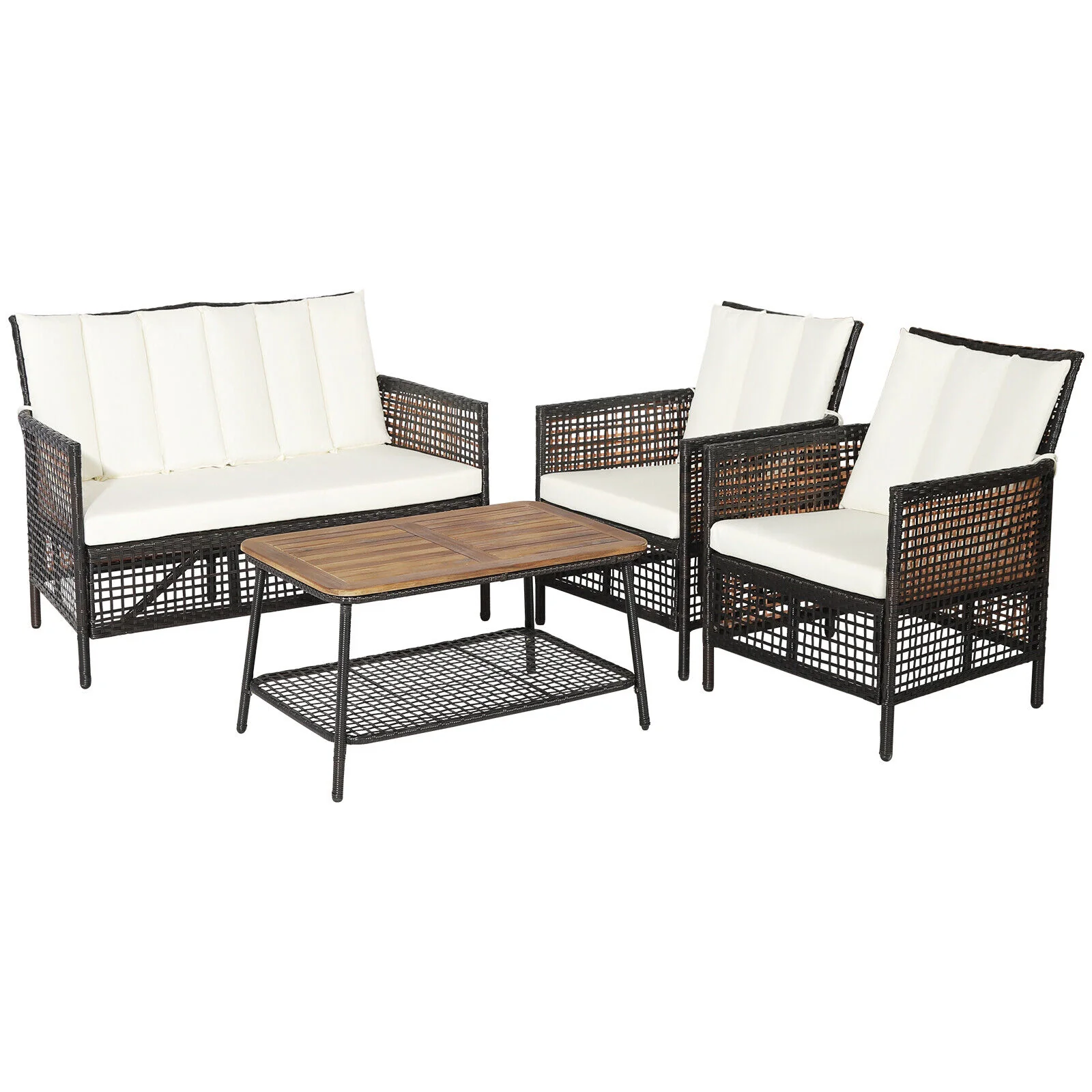 4-Piece Patio Rattan Furniture Set, 2-Tier Coffee Table, White