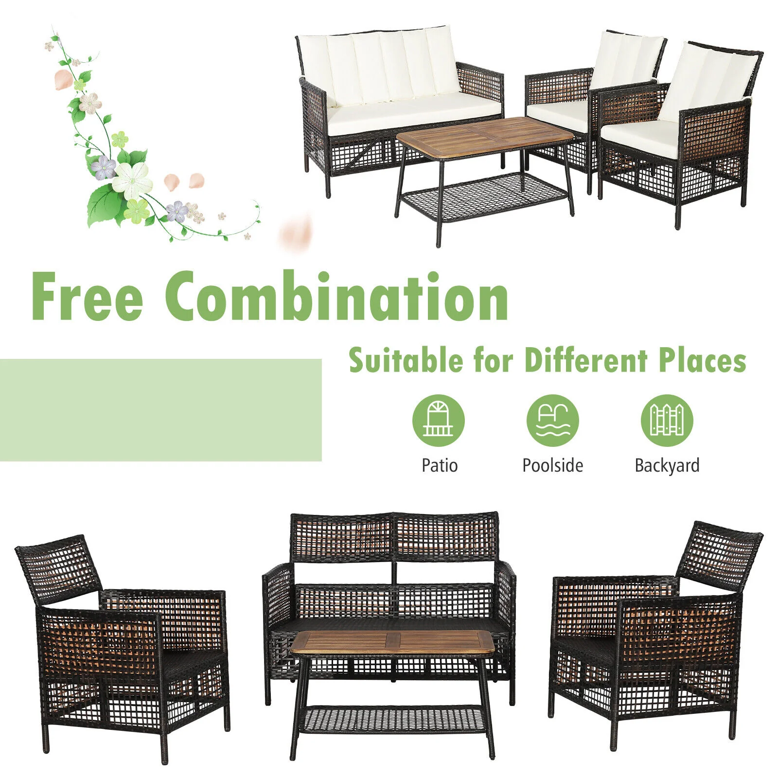 4-Piece Patio Rattan Furniture Set, 2-Tier Coffee Table, White - Image 4