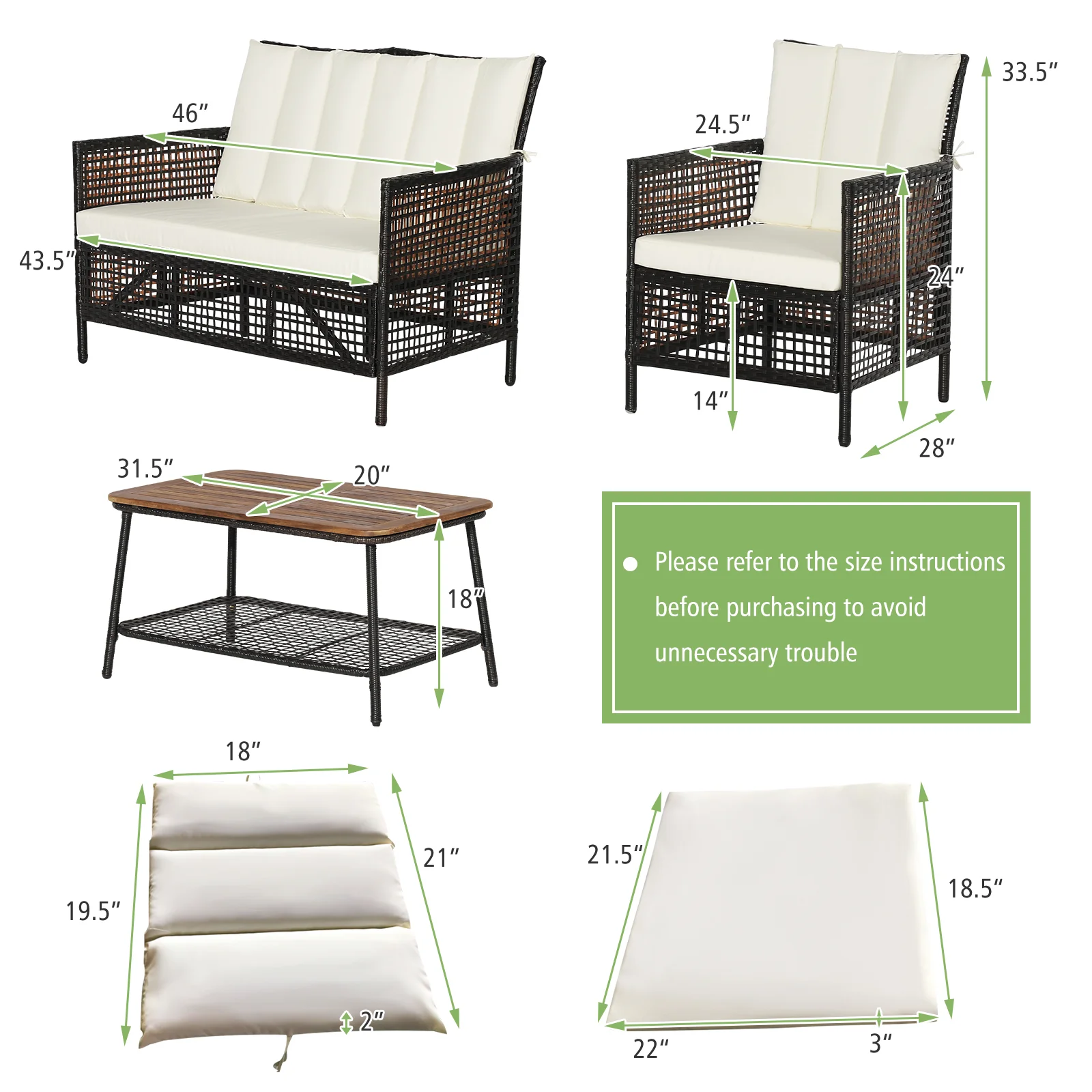 4-Piece Patio Rattan Furniture Set, 2-Tier Coffee Table, White - Image 5