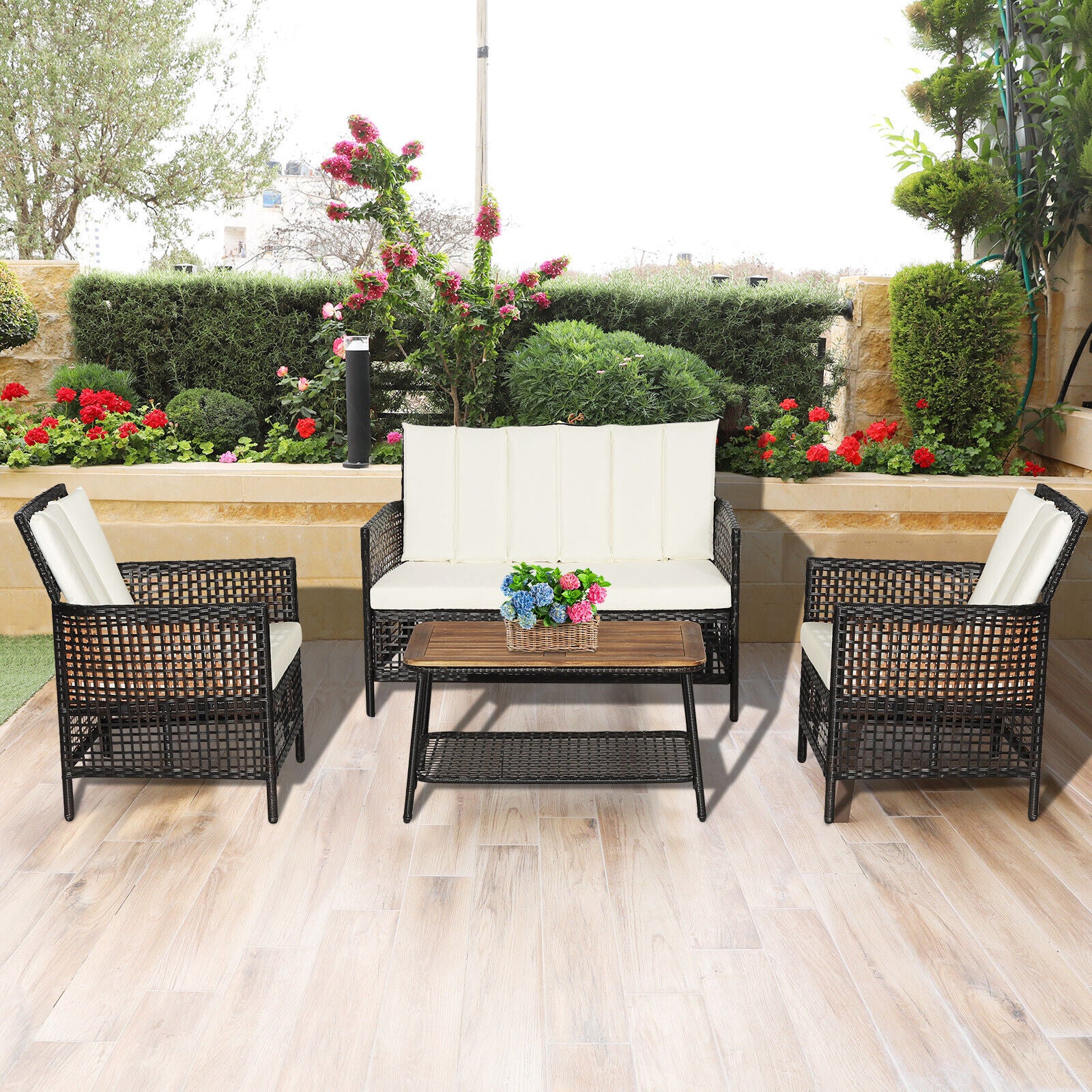 4-Piece Patio Rattan Furniture Set, 2-Tier Coffee Table, White - Image 7