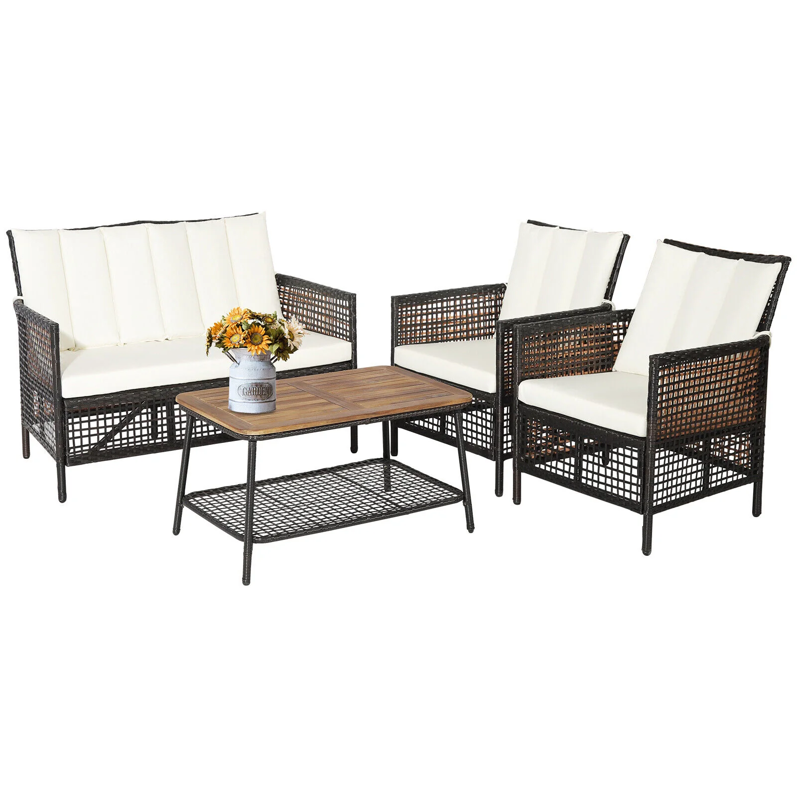 4-Piece Patio Rattan Furniture Set, 2-Tier Coffee Table, White - Image 8