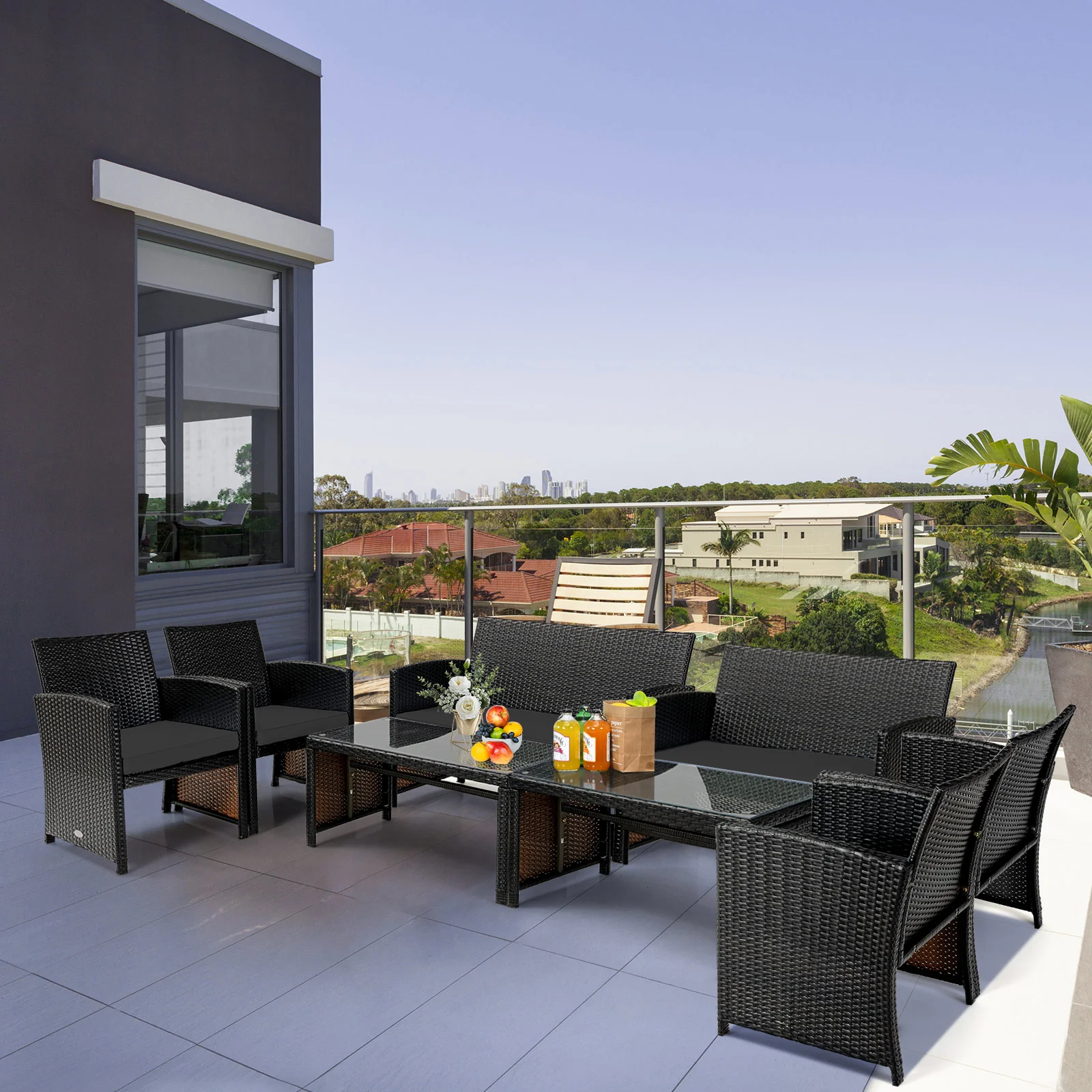 4 Piece Patio Rattan Furniture Set, Coffee Table, Black - Image 3