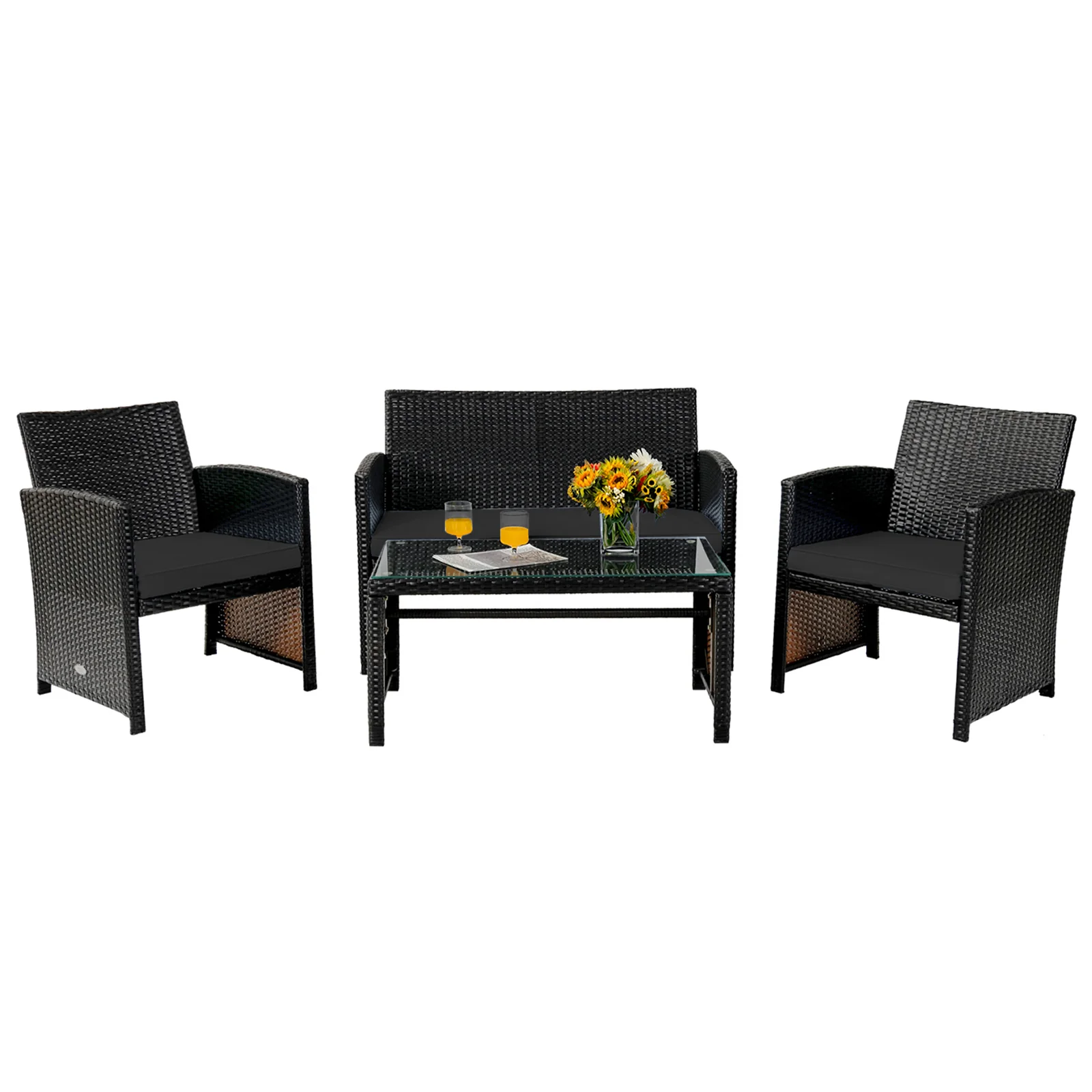 4 Piece Patio Rattan Furniture Set, Coffee Table, Black - Image 4