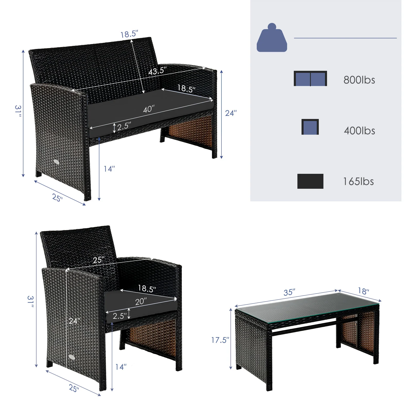 4 Piece Patio Rattan Furniture Set, Coffee Table, Black - Image 6