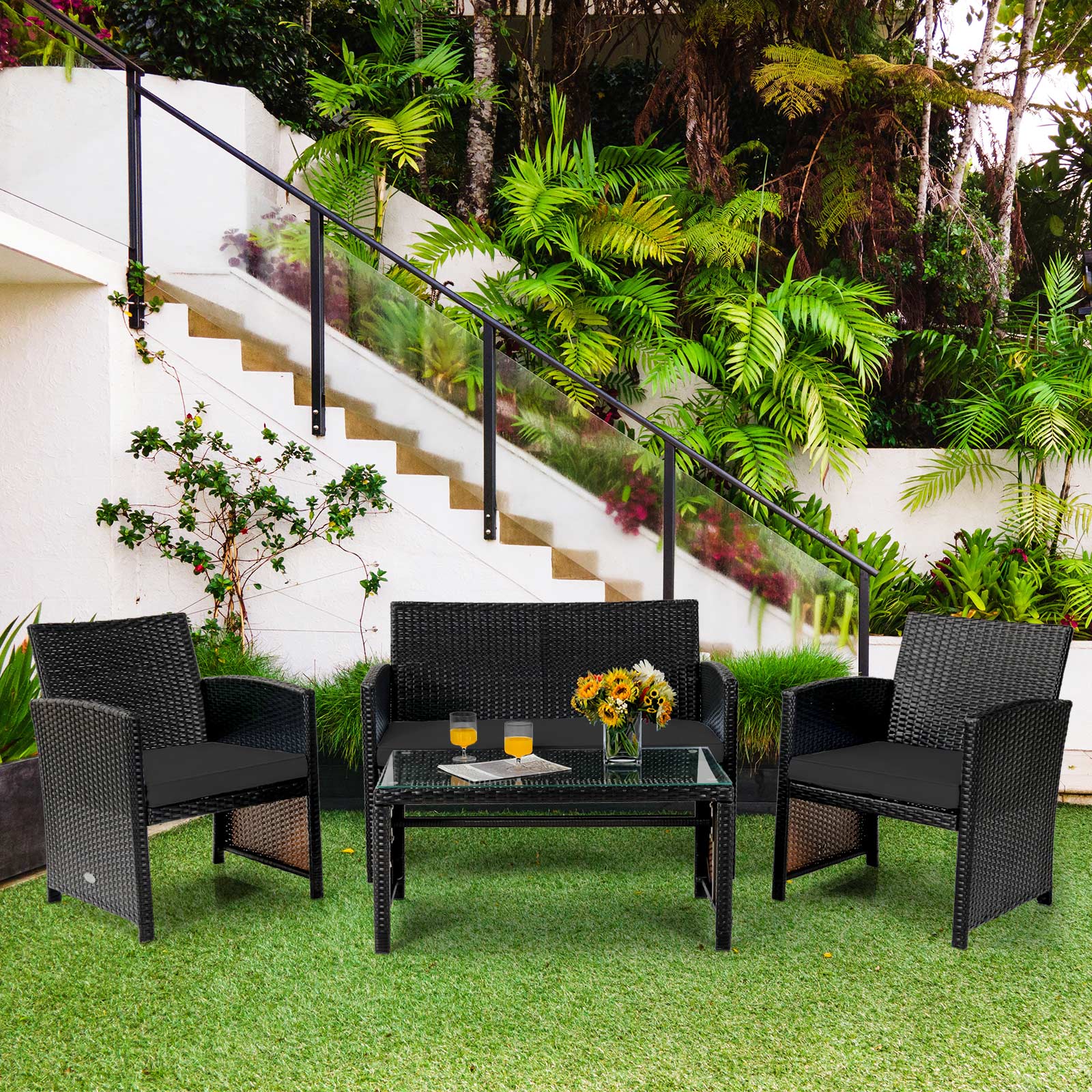 4 Piece Patio Rattan Furniture Set, Coffee Table, Black - Image 8