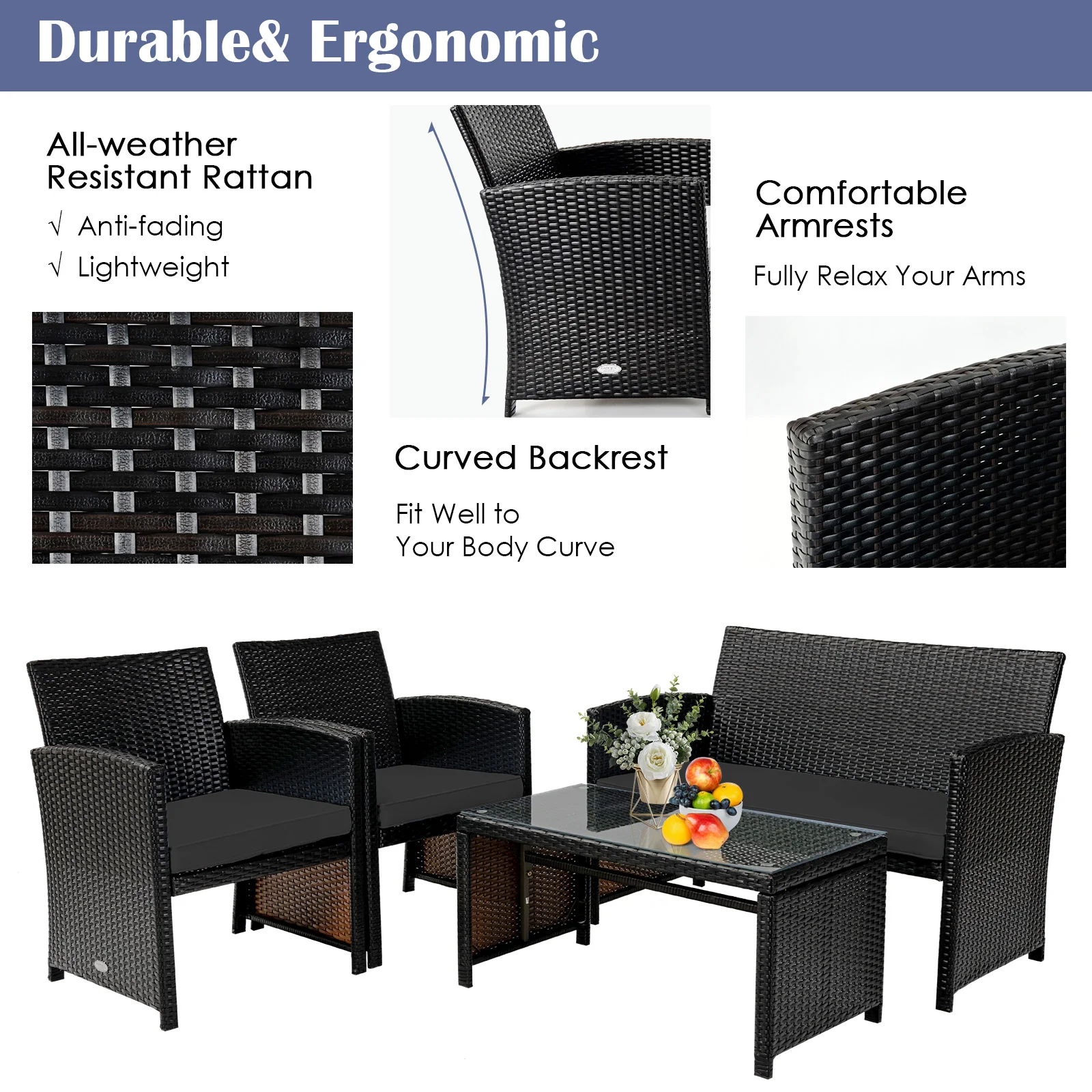 4 Piece Patio Rattan Furniture Set, Coffee Table, Black - Image 9
