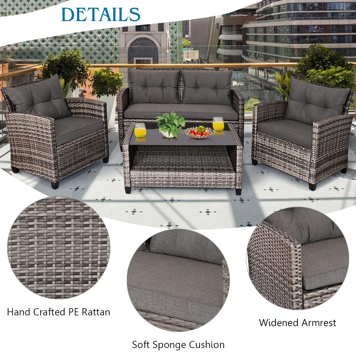 4 Pieces Patio Rattan Furniture Set Coffee Table Cushioned Sofa, Gray - Image 10