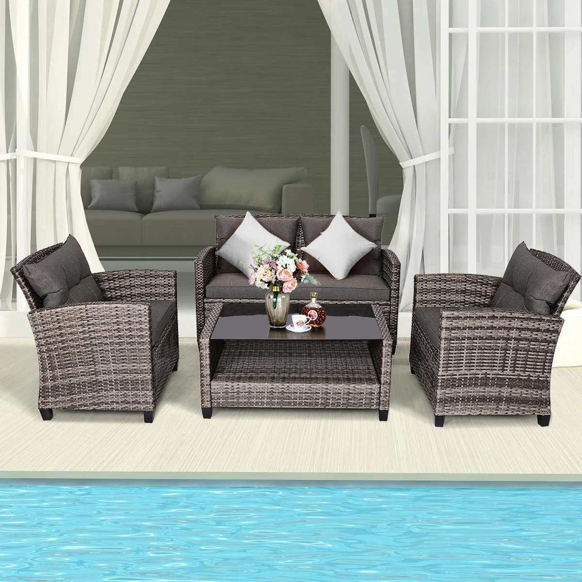 4 Pieces Patio Rattan Furniture Set Coffee Table Cushioned Sofa, Gray - Image 2