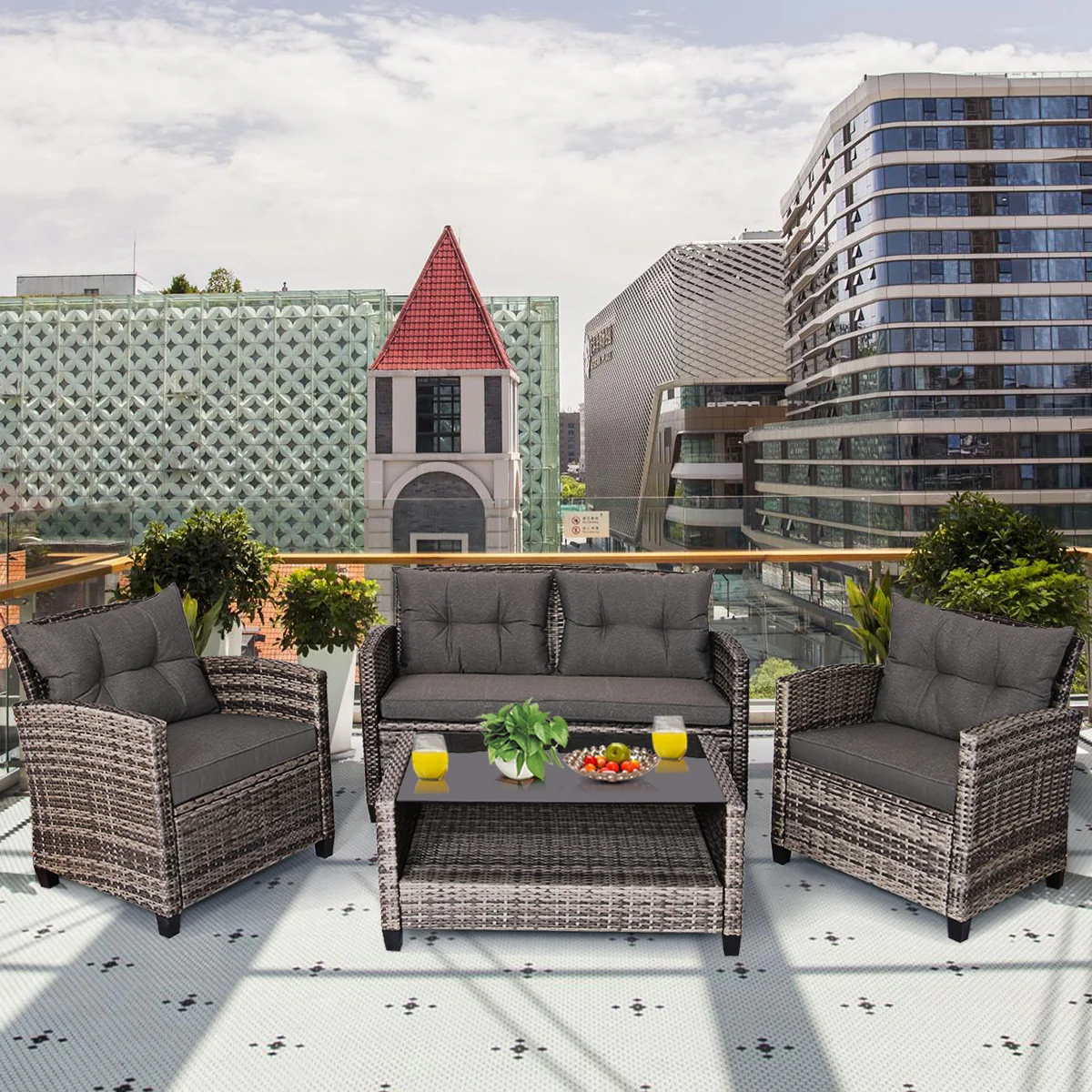 4 Pieces Patio Rattan Furniture Set Coffee Table Cushioned Sofa, Gray - Image 3