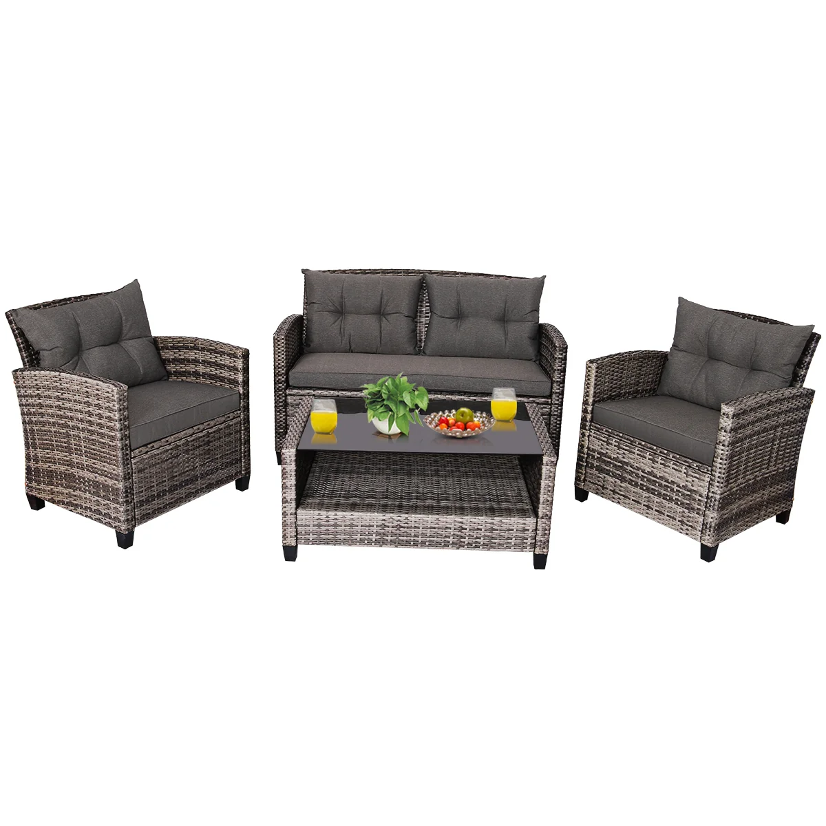 4 Pieces Patio Rattan Furniture Set Coffee Table Cushioned Sofa, Gray - Image 4