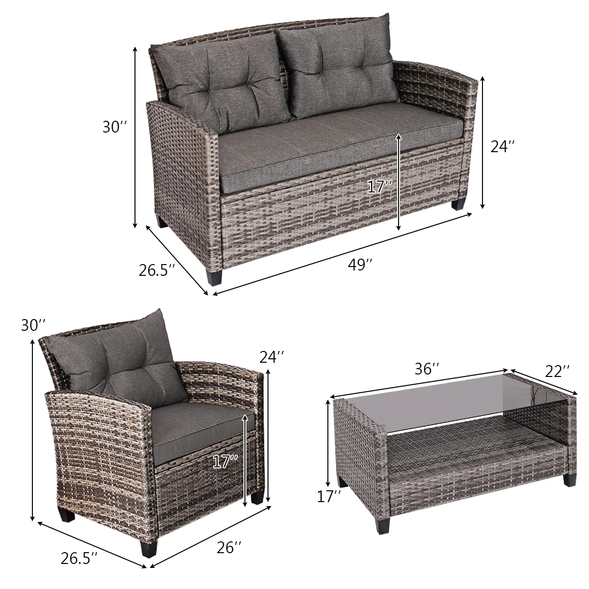 4 Pieces Patio Rattan Furniture Set Coffee Table Cushioned Sofa, Gray - Image 5
