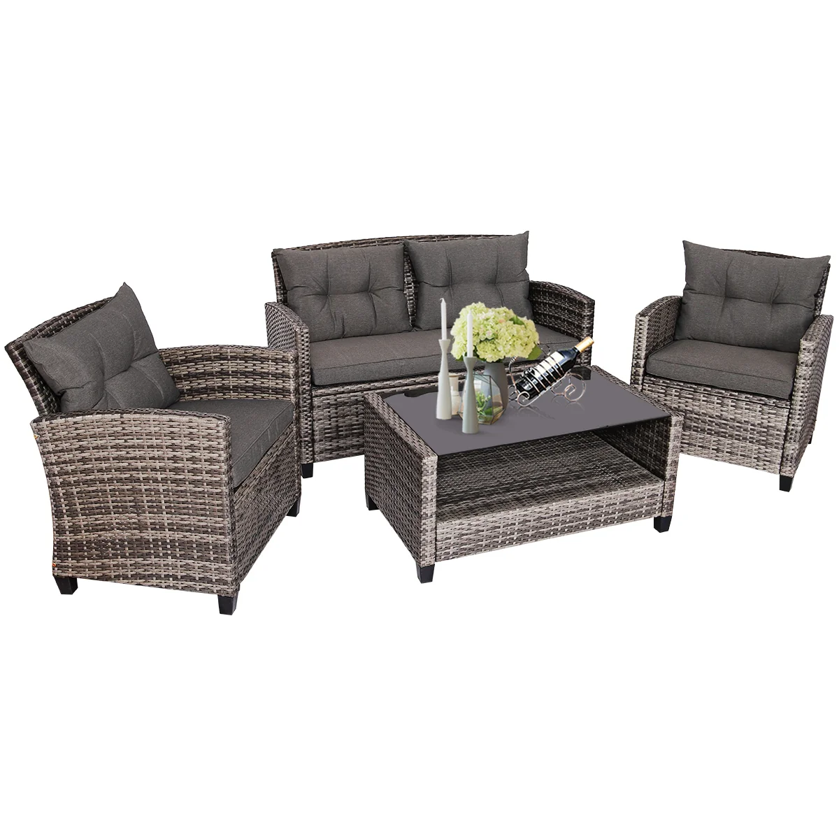 4 Pieces Patio Rattan Furniture Set Coffee Table Cushioned Sofa, Gray - Image 6