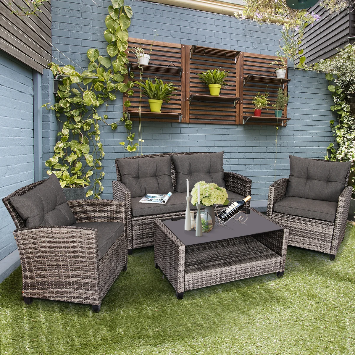 4 Pieces Patio Rattan Furniture Set Coffee Table Cushioned Sofa, Gray - Image 7