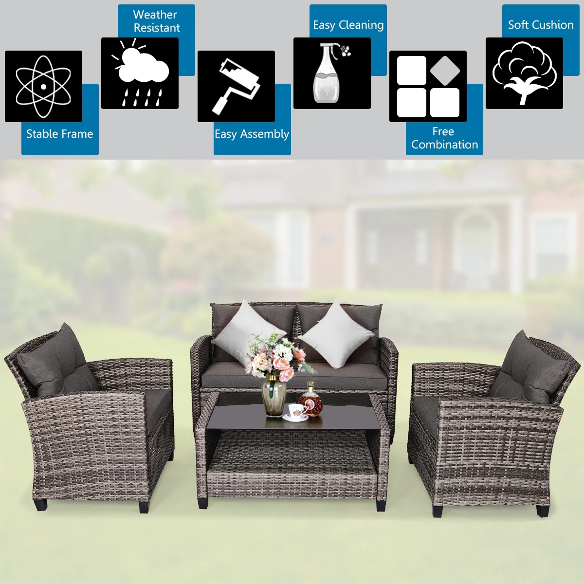 4 Pieces Patio Rattan Furniture Set Coffee Table Cushioned Sofa, Gray - Image 8