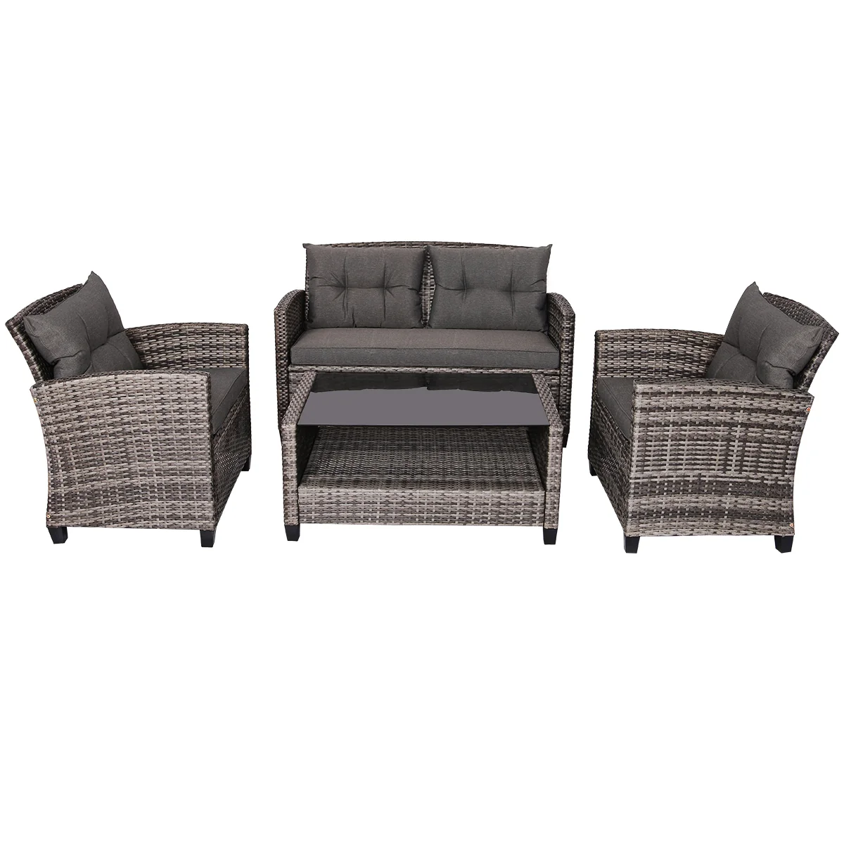 4 Pieces Patio Rattan Furniture Set Coffee Table Cushioned Sofa, Gray - Image 9
