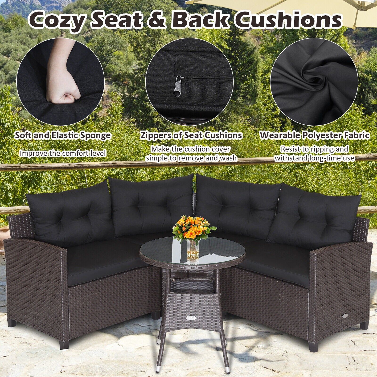 4 Piece Patio Rattan Furniture Set, Cushioned Sofa Glass Table, Black - Image 10