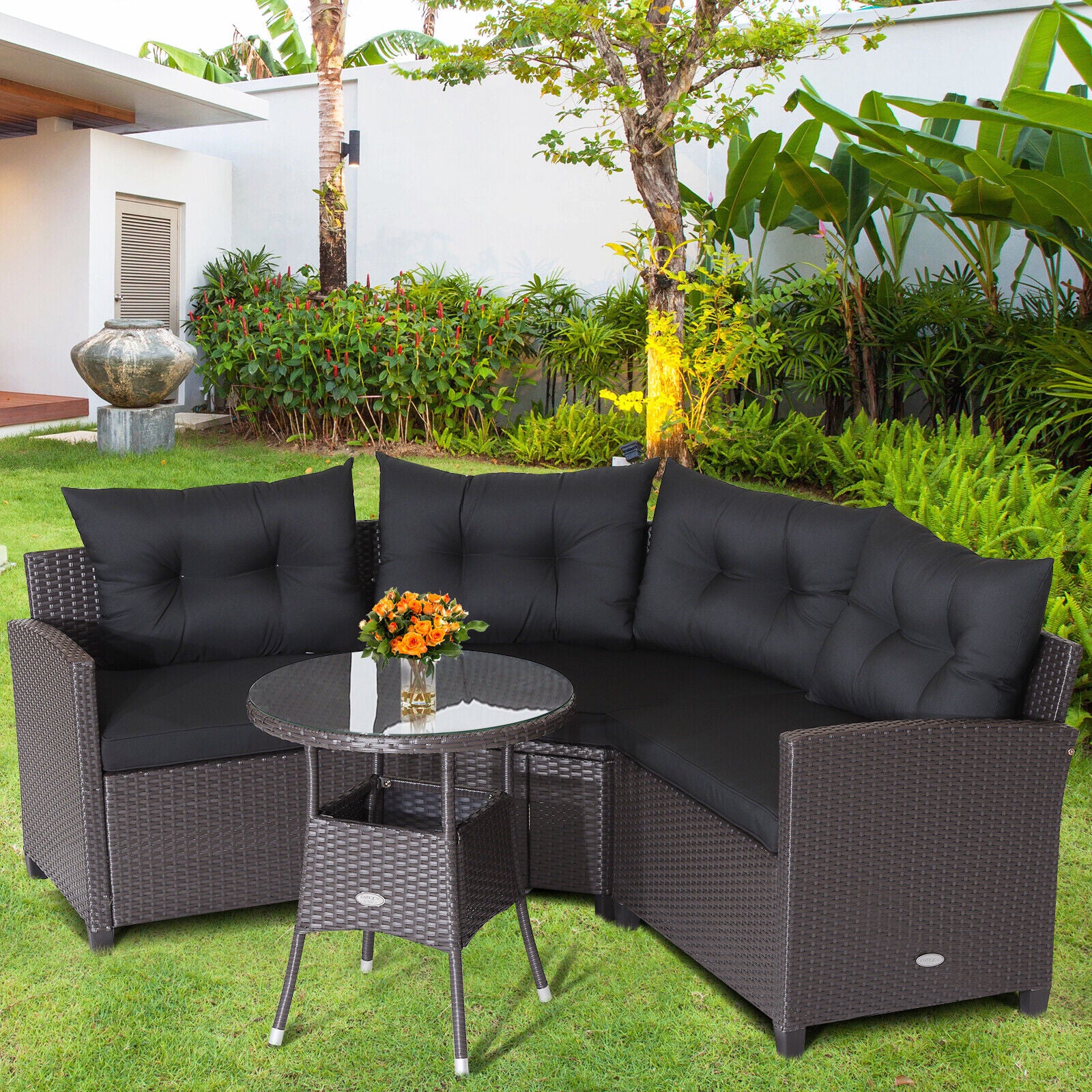 4 Piece Patio Rattan Furniture Set, Cushioned Sofa Glass Table, Black - Image 2