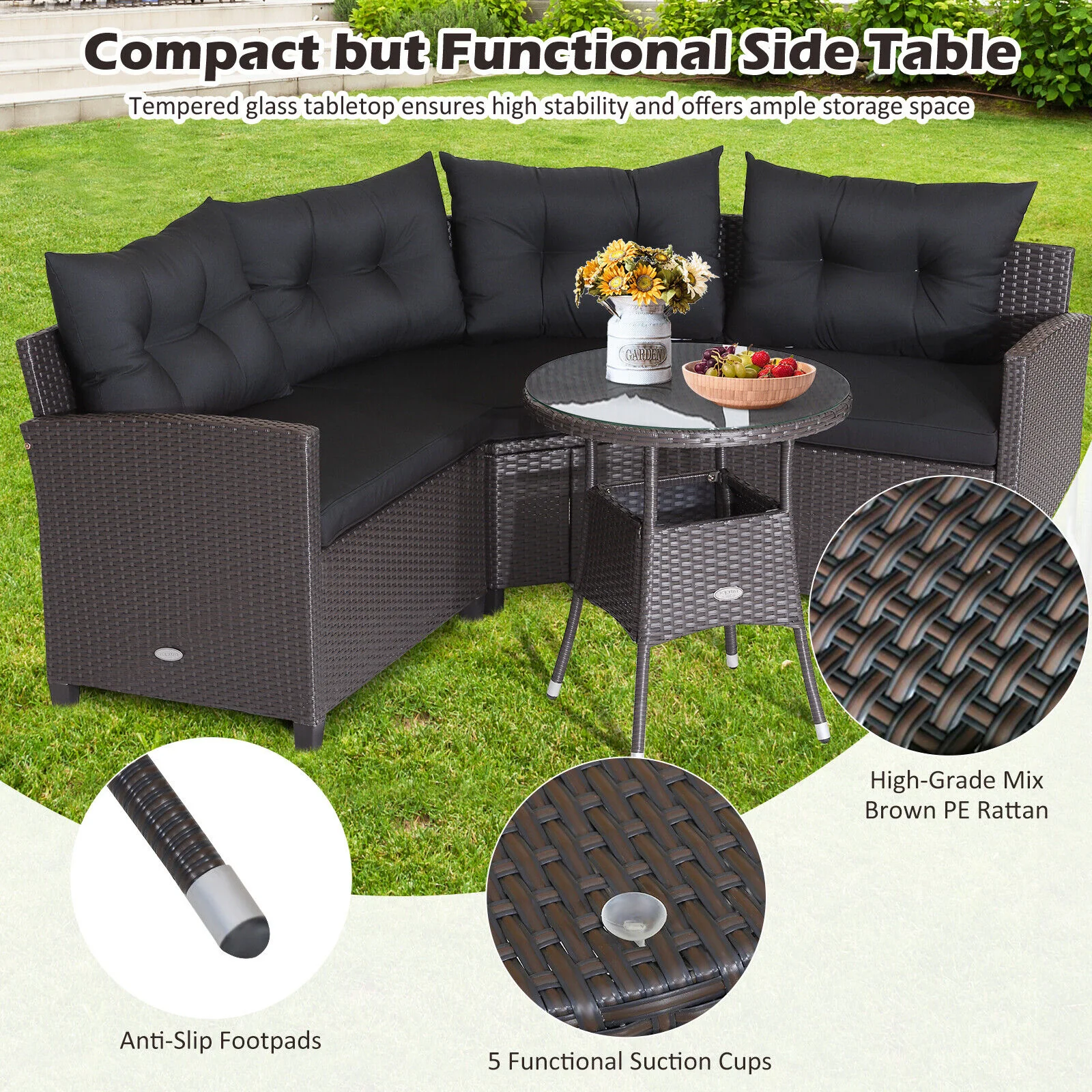 4 Piece Patio Rattan Furniture Set, Cushioned Sofa Glass Table, Black - Image 3