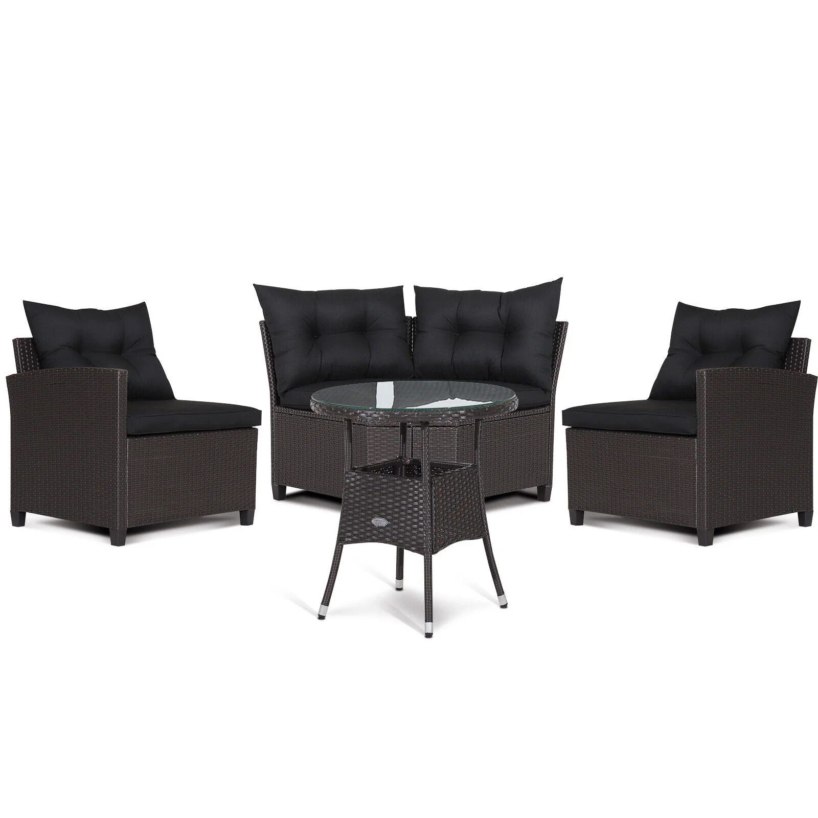 4 Piece Patio Rattan Furniture Set, Cushioned Sofa Glass Table, Black - Image 4