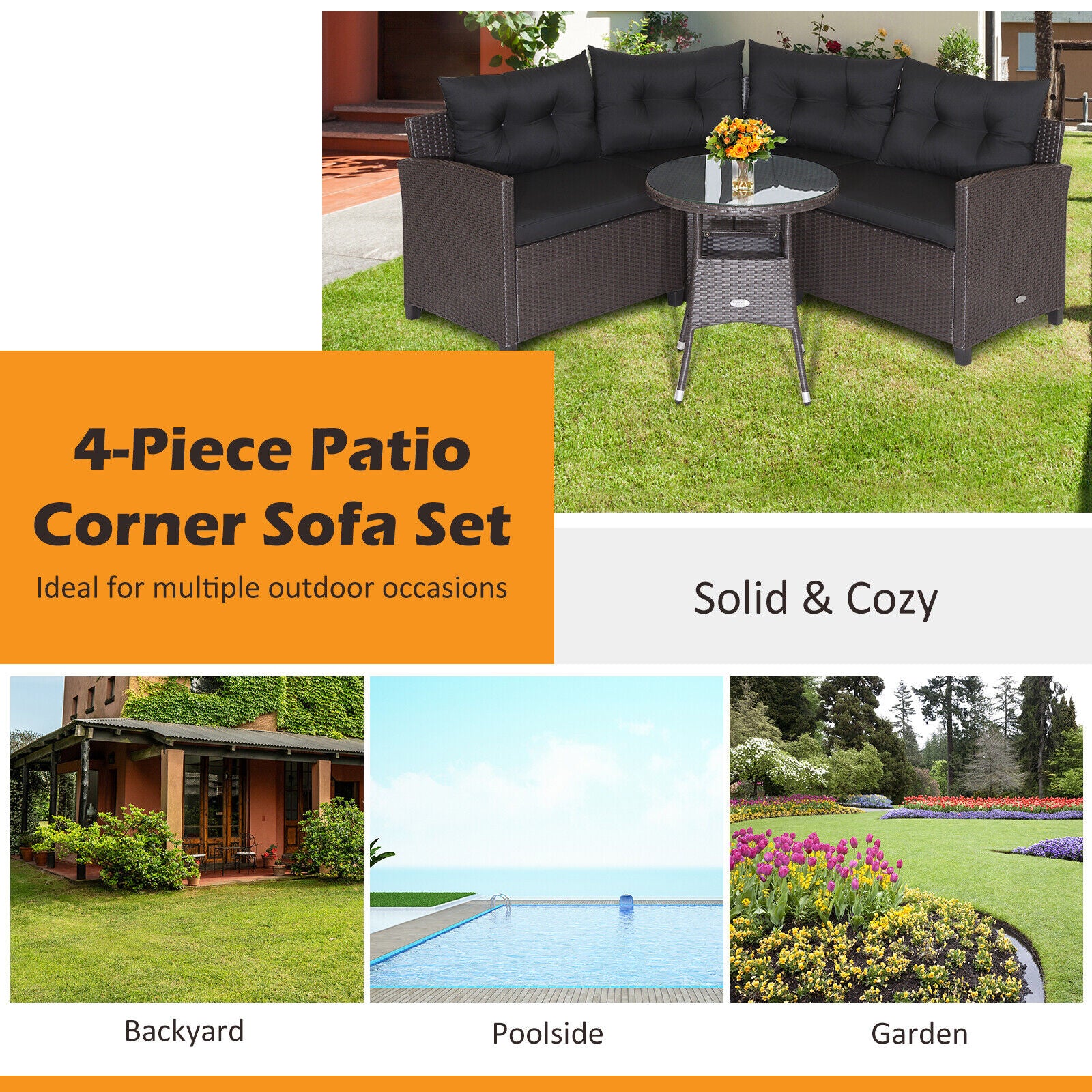 4 Piece Patio Rattan Furniture Set, Cushioned Sofa Glass Table, Black - Image 6
