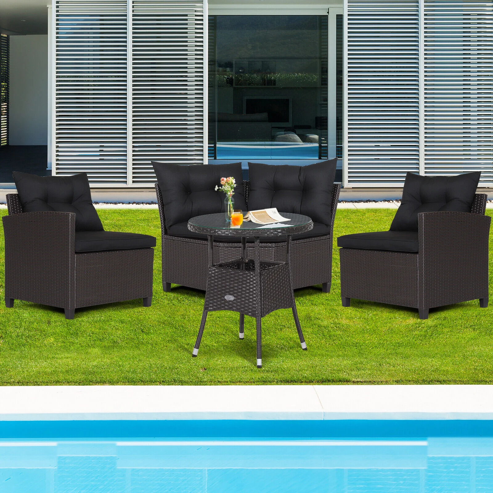 4 Piece Patio Rattan Furniture Set, Cushioned Sofa Glass Table, Black - Image 7