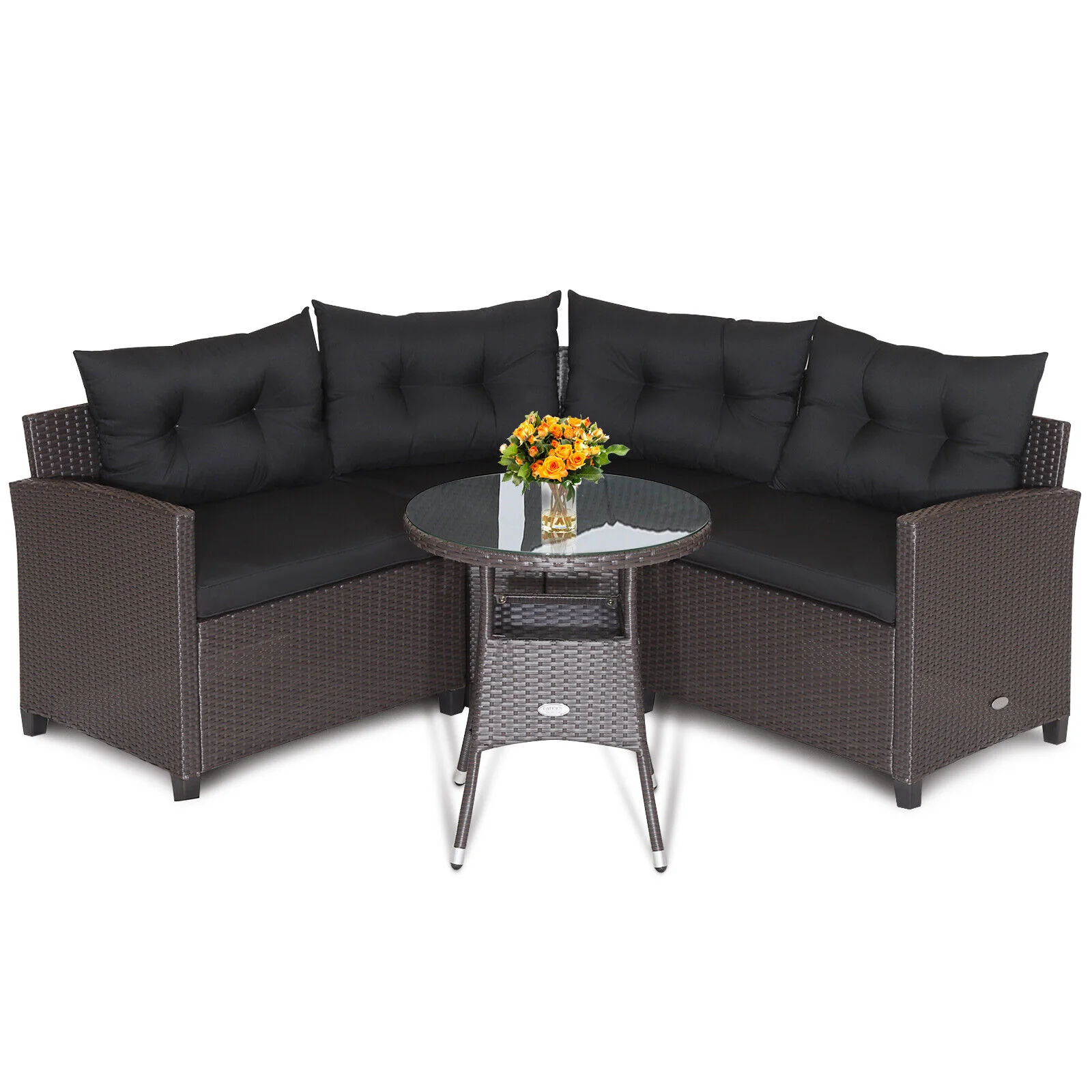 4 Piece Patio Rattan Furniture Set, Cushioned Sofa Glass Table, Black - Image 8