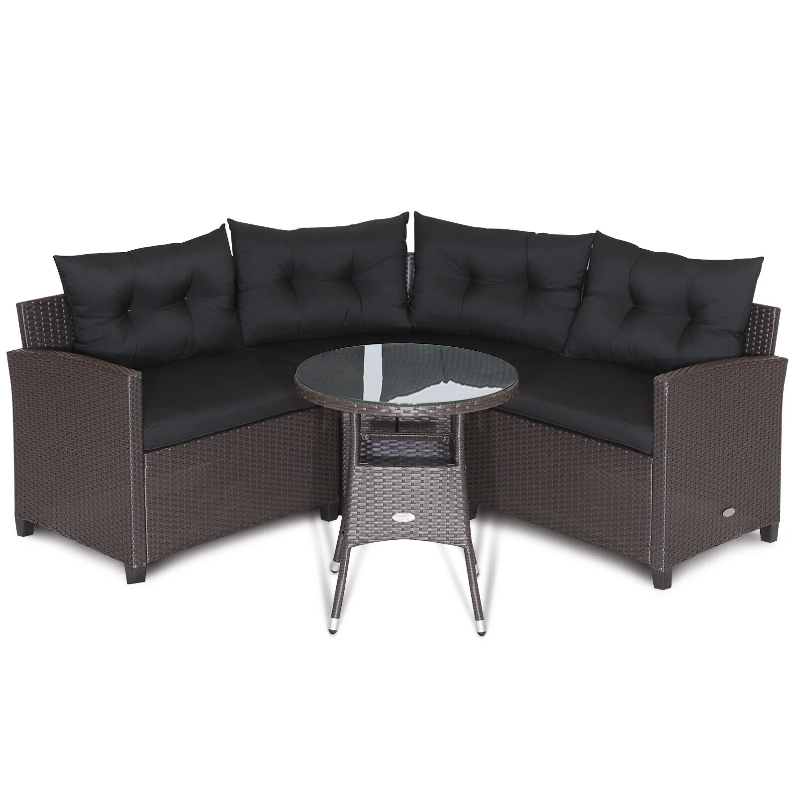 4 Piece Patio Rattan Furniture Set, Cushioned Sofa Glass Table, Black - Image 9