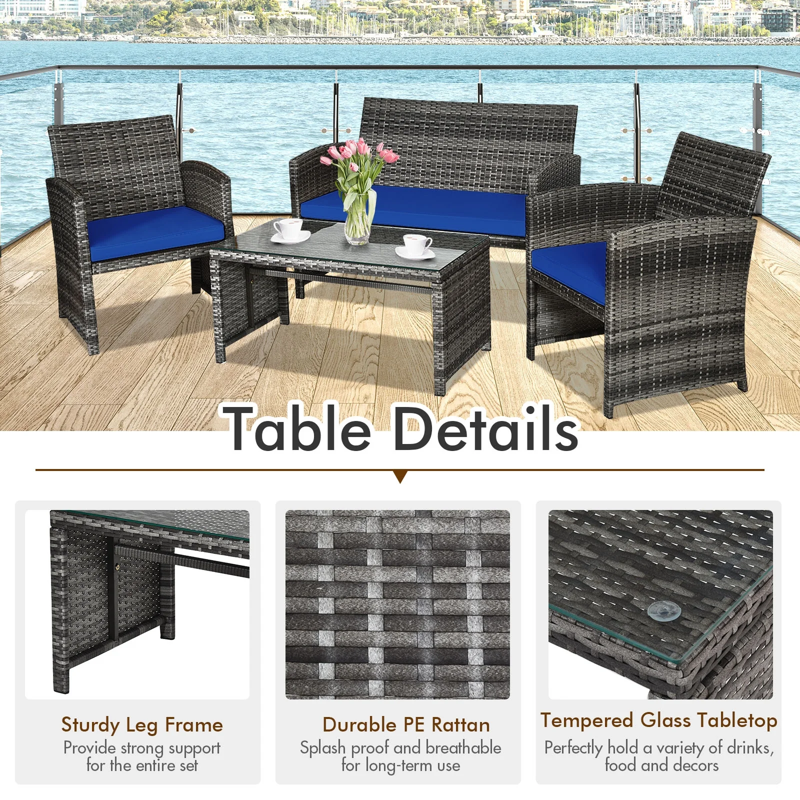 4 Piece Patio Rattan Furniture Set, Glass Table, Loveseat, Navy - Image 10