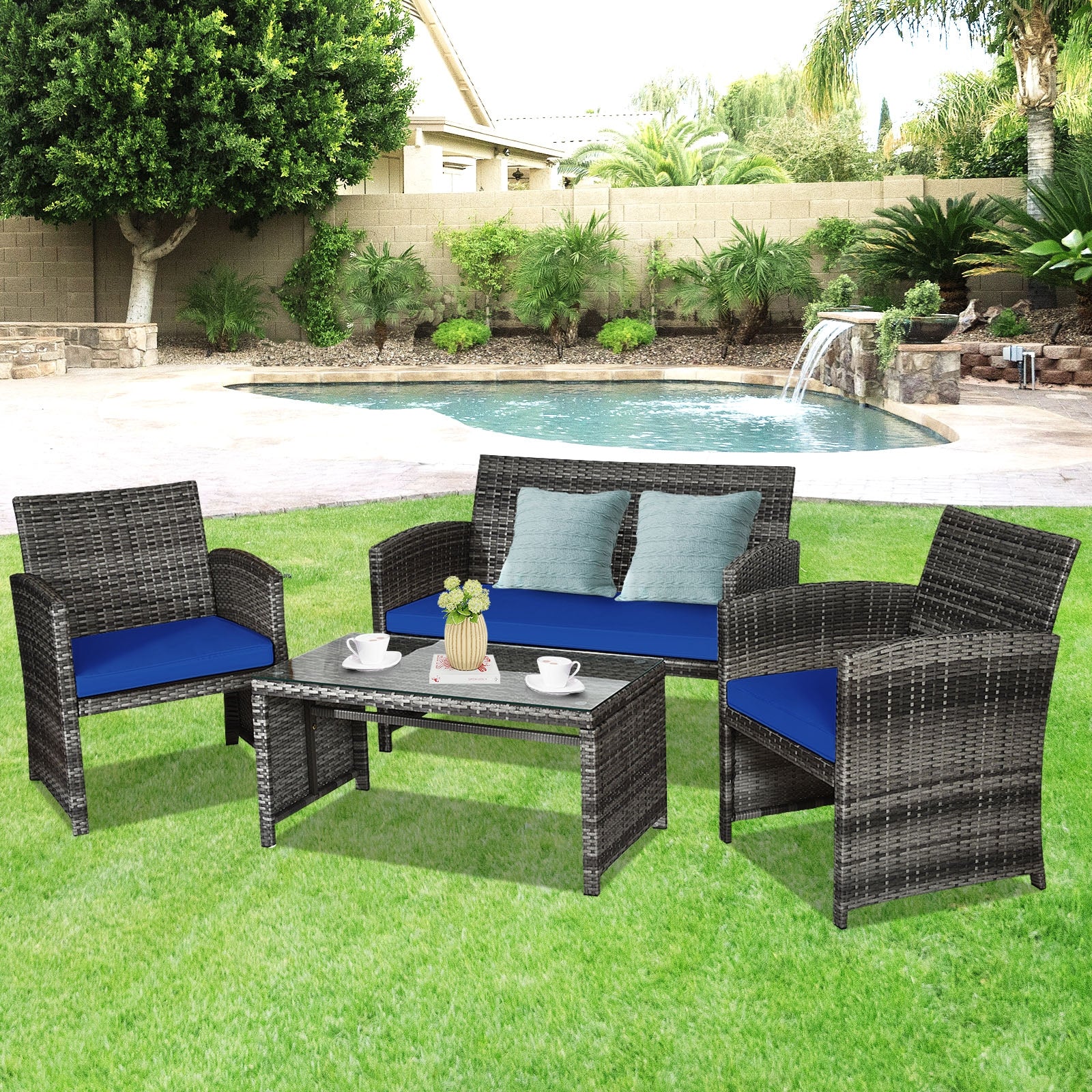4 Piece Patio Rattan Furniture Set, Glass Table, Loveseat, Navy - Image 2