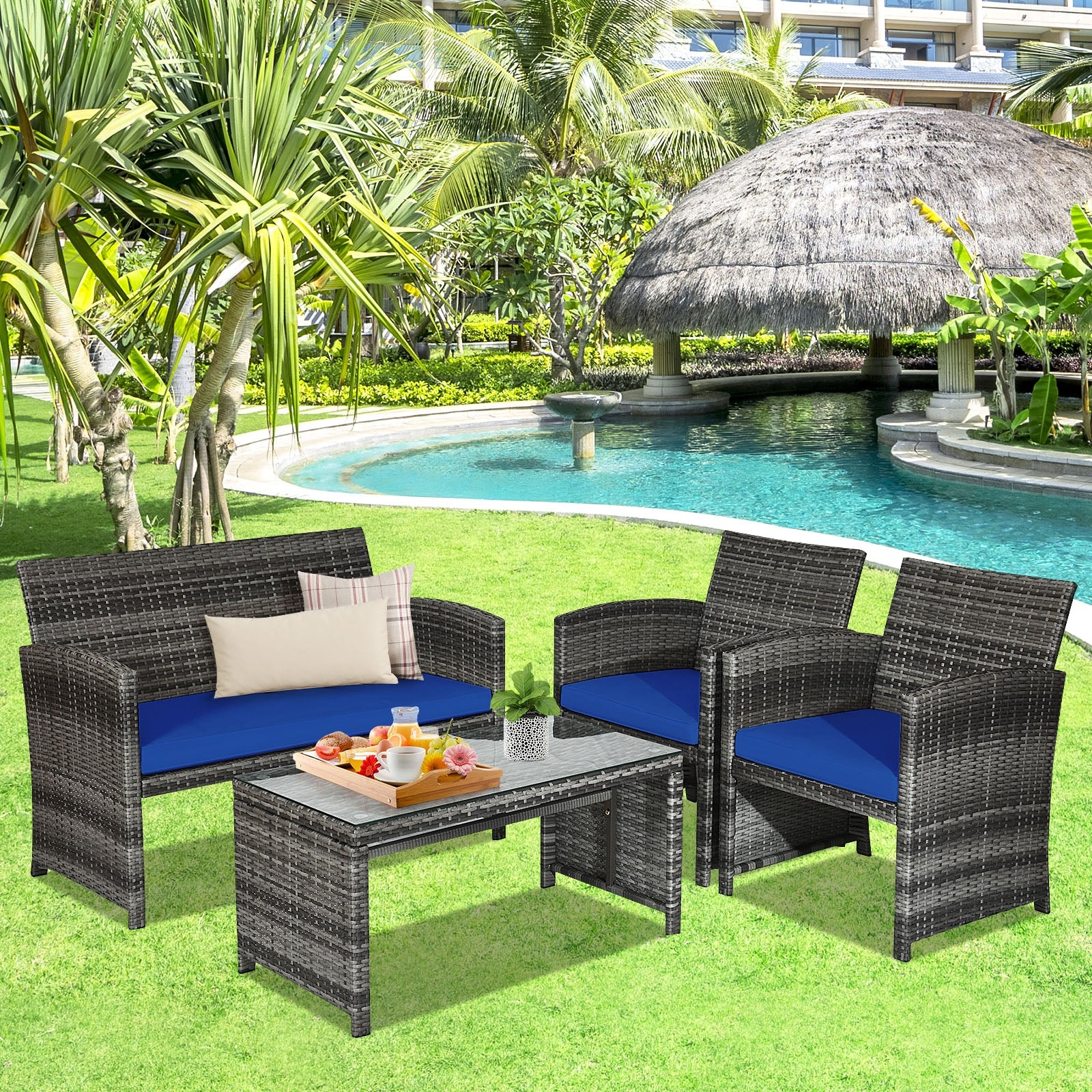 4 Piece Patio Rattan Furniture Set, Glass Table, Loveseat, Navy - Image 3