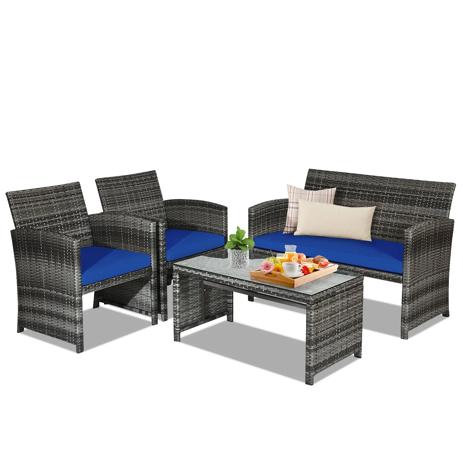 4 Piece Patio Rattan Furniture Set, Glass Table, Loveseat, Navy - Image 4