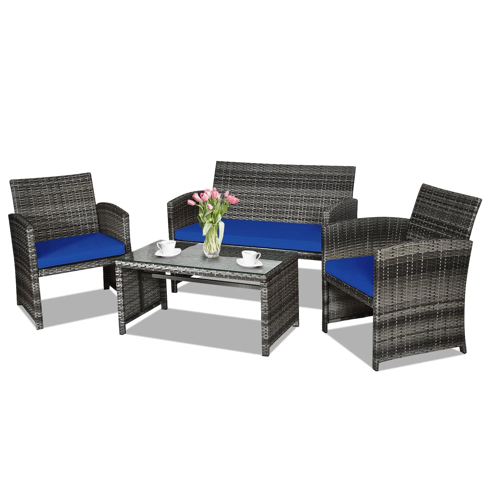 4 Piece Patio Rattan Furniture Set, Glass Table, Loveseat, Navy - Image 5
