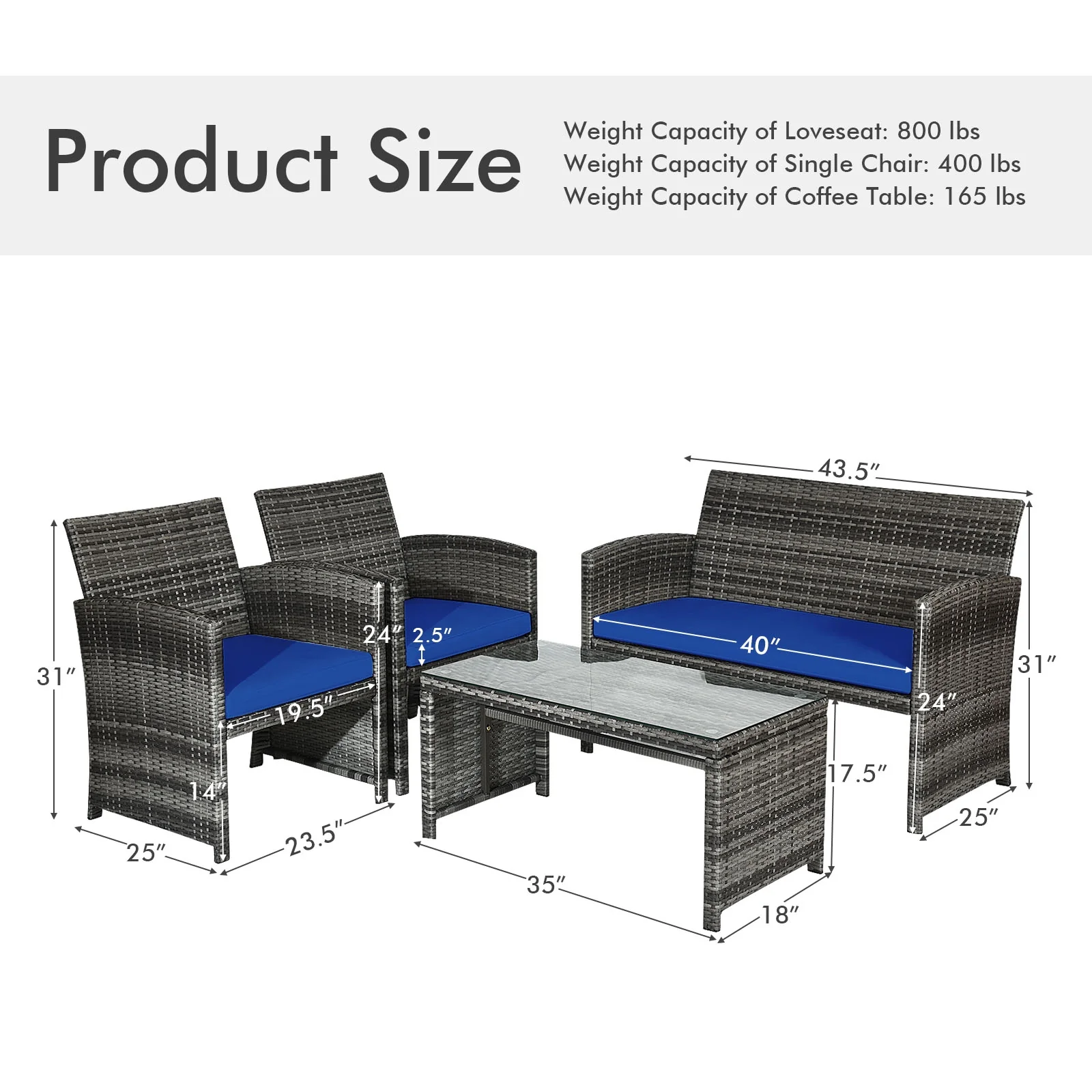 4 Piece Patio Rattan Furniture Set, Glass Table, Loveseat, Navy - Image 6