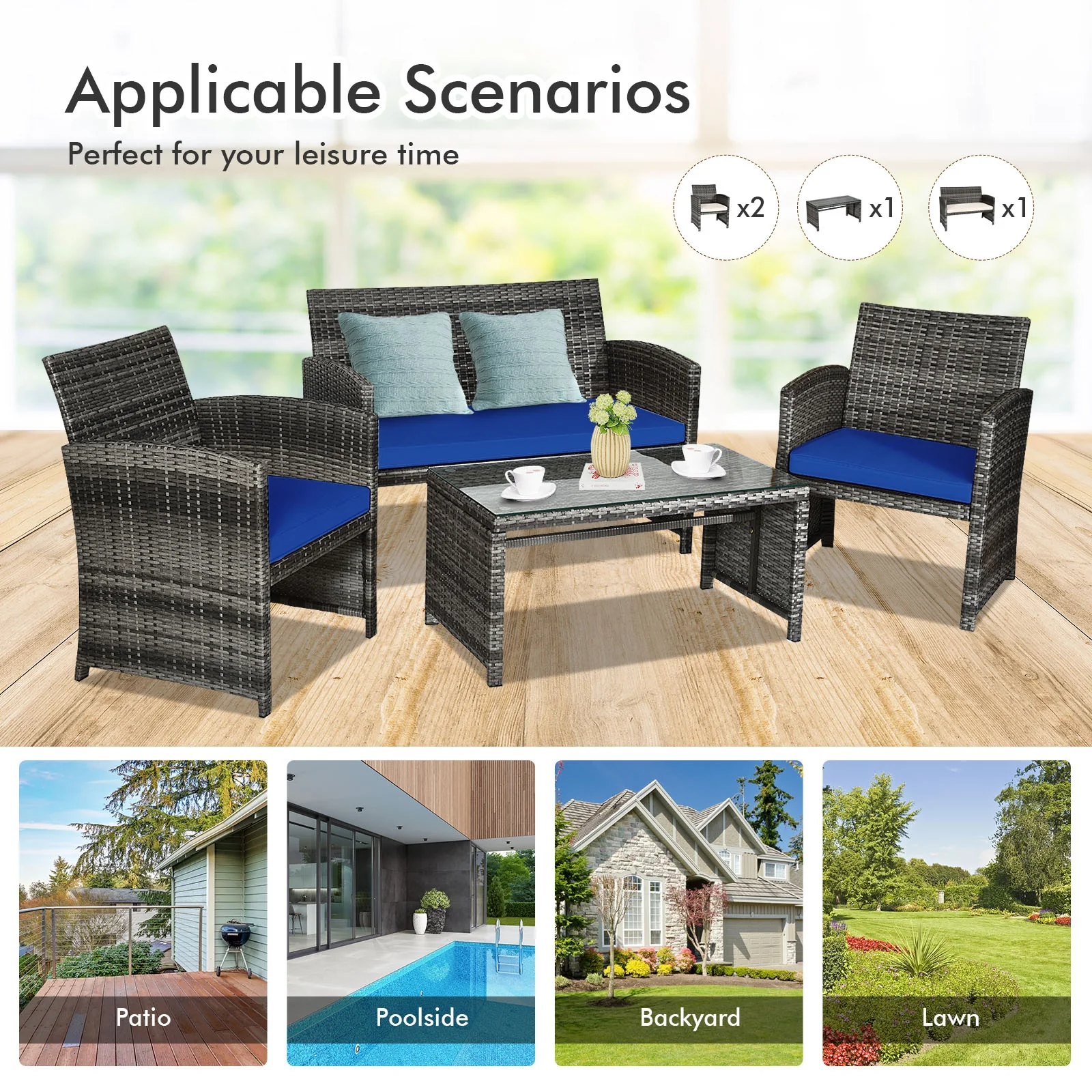 4 Piece Patio Rattan Furniture Set, Glass Table, Loveseat, Navy - Image 7