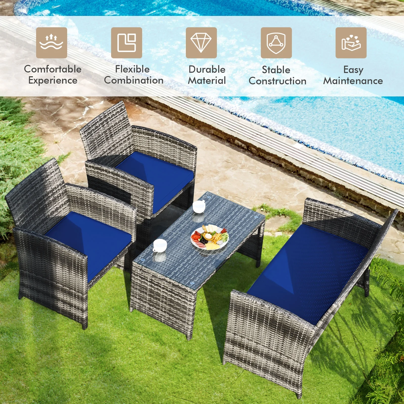 4 Piece Patio Rattan Furniture Set, Glass Table, Loveseat, Navy - Image 8