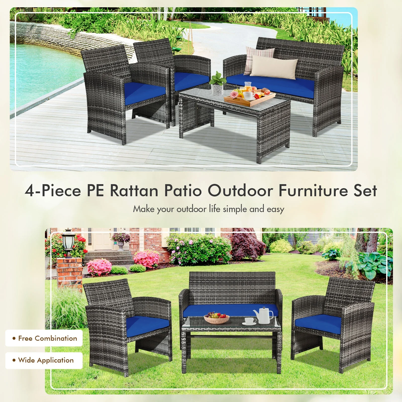 4 Piece Patio Rattan Furniture Set, Glass Table, Loveseat, Navy - Image 9