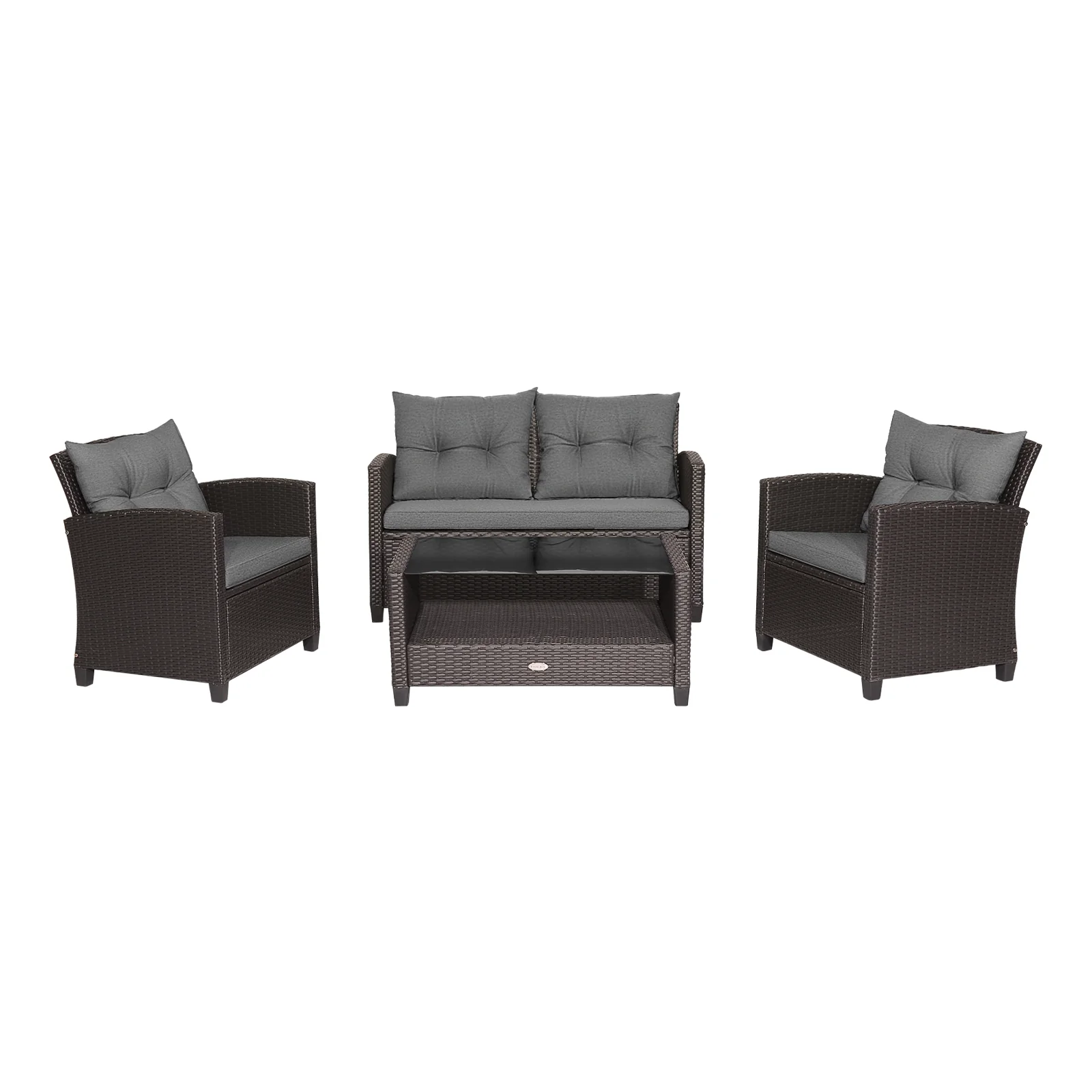 4 Piece Patio Rattan Furniture Set, Glass Top Coffee Table, Gray