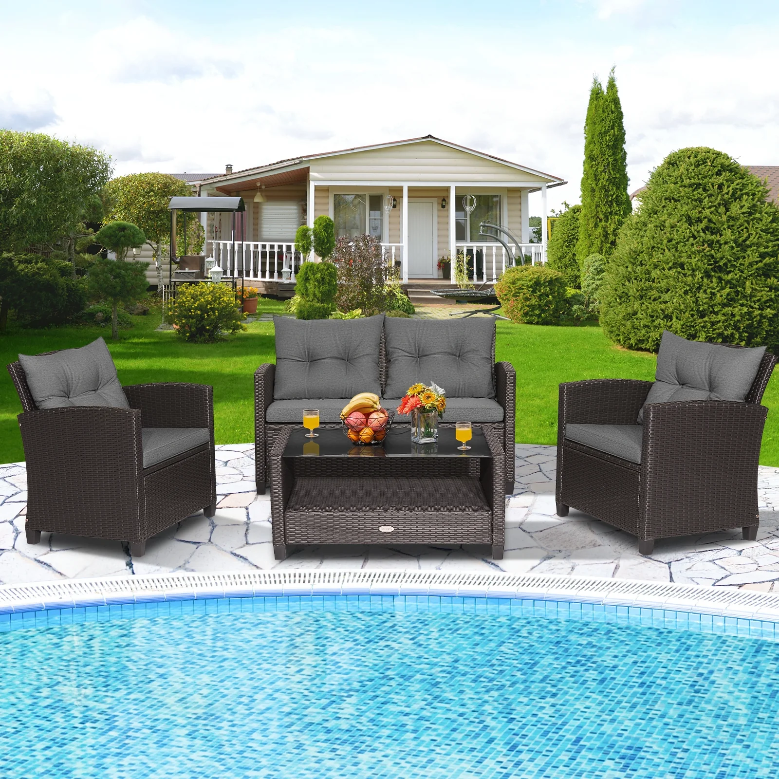 4 Piece Patio Rattan Furniture Set, Glass Top Coffee Table, Gray - Image 2