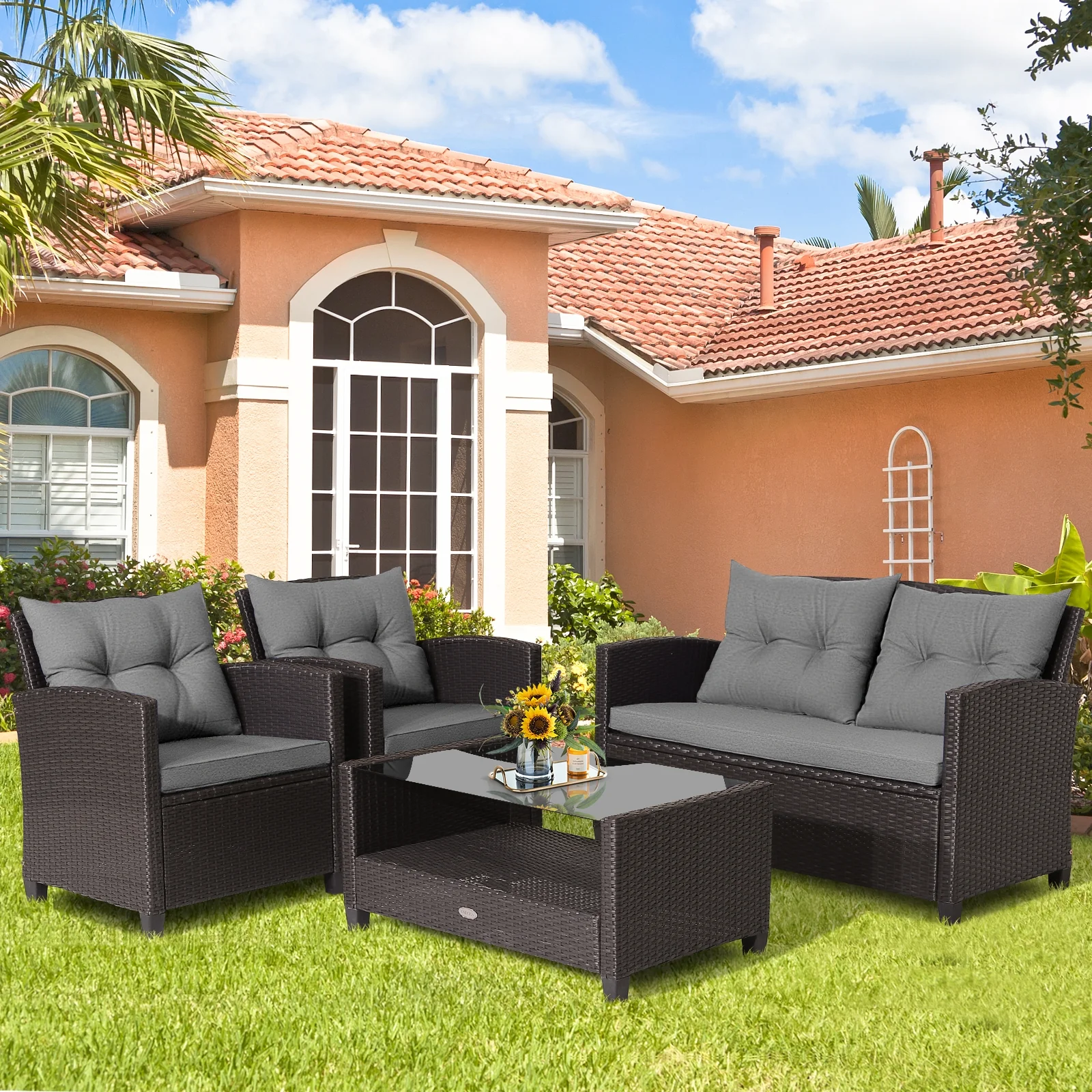 4 Piece Patio Rattan Furniture Set, Glass Top Coffee Table, Gray - Image 3