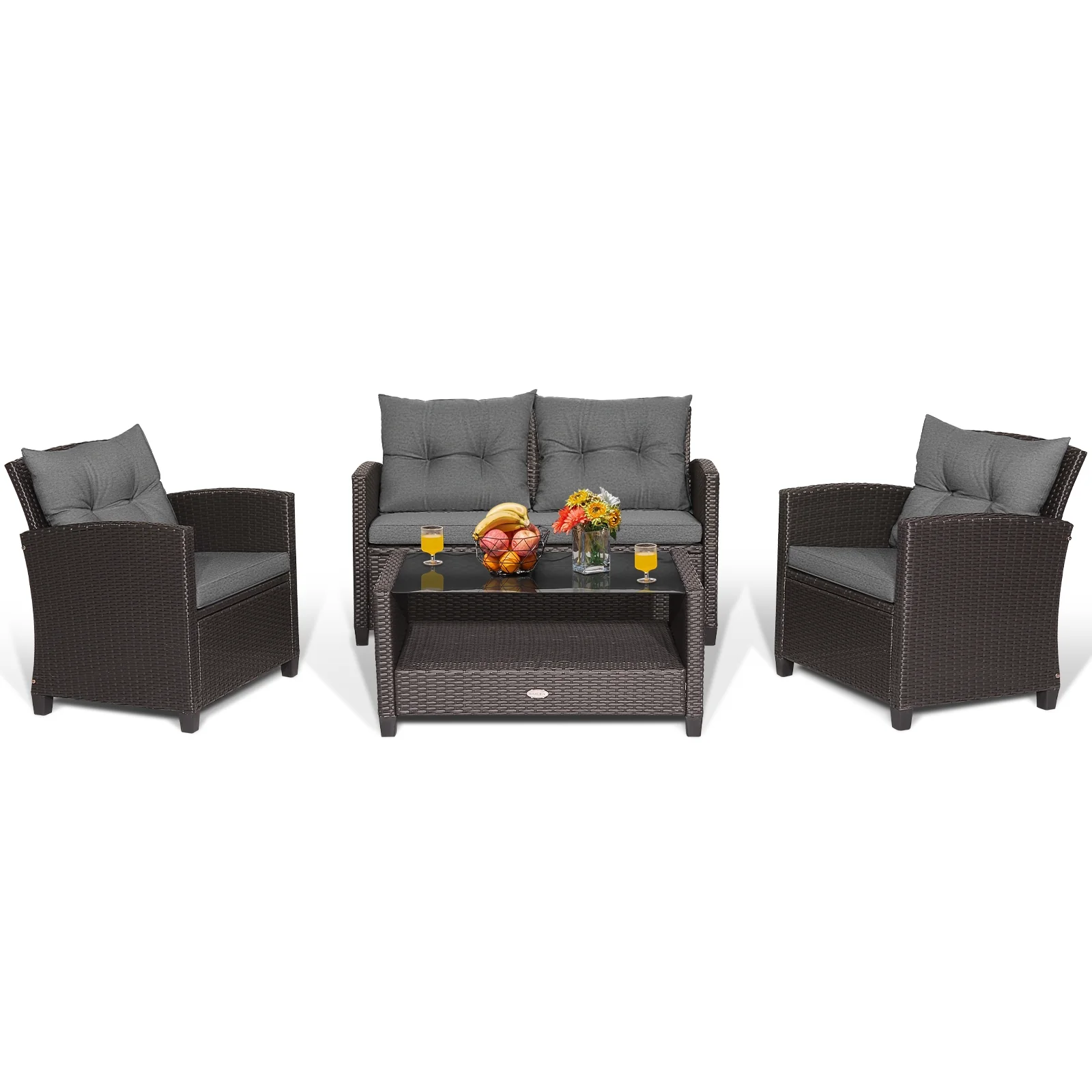 4 Piece Patio Rattan Furniture Set, Glass Top Coffee Table, Gray - Image 5