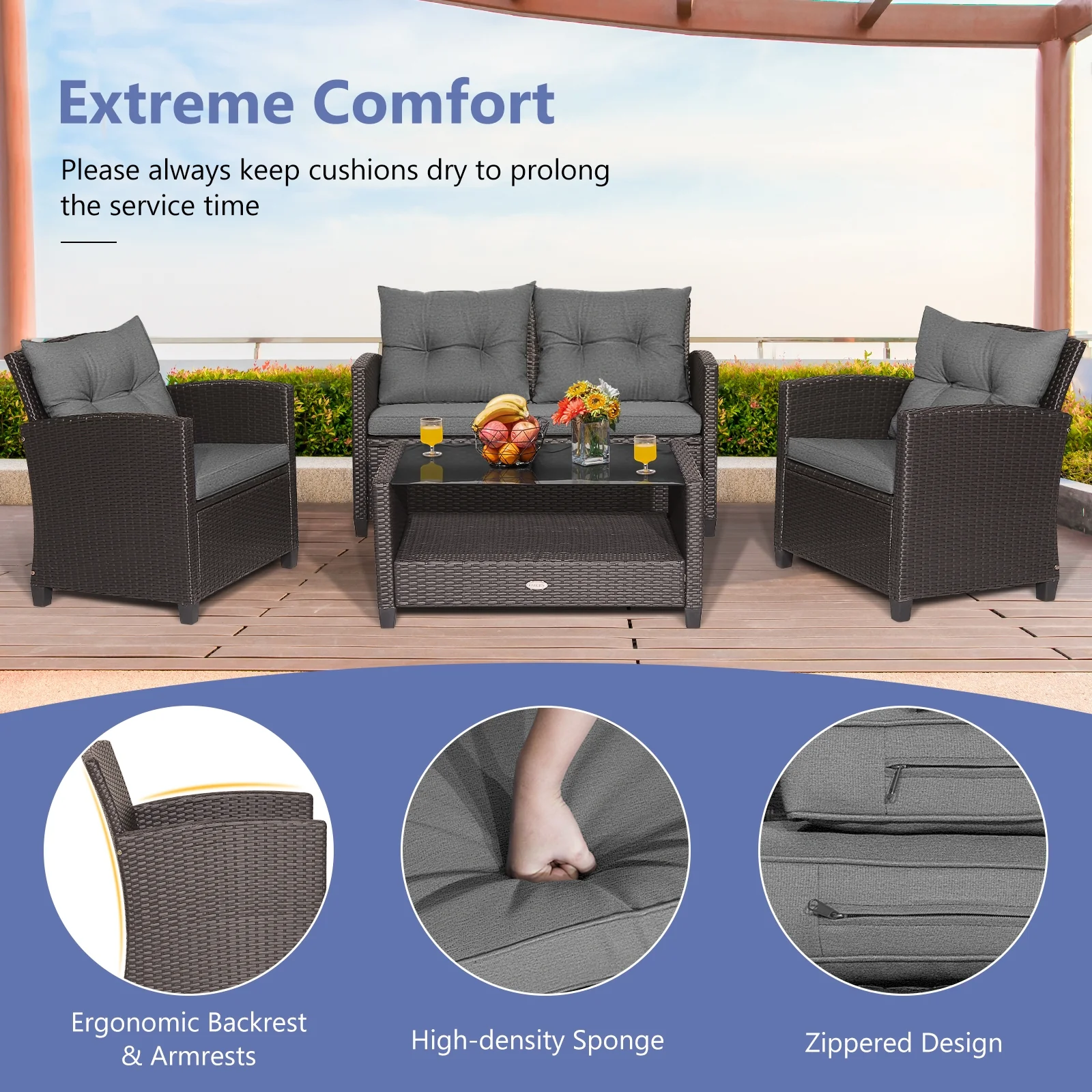 4 Piece Patio Rattan Furniture Set, Glass Top Coffee Table, Gray - Image 7