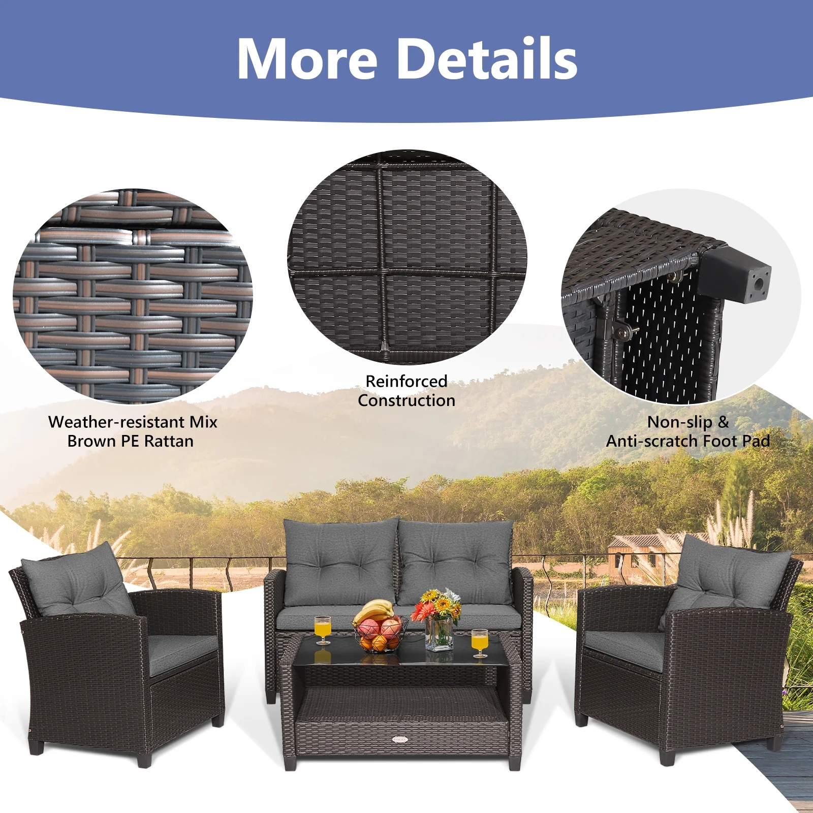 4 Piece Patio Rattan Furniture Set, Glass Top Coffee Table, Gray - Image 8
